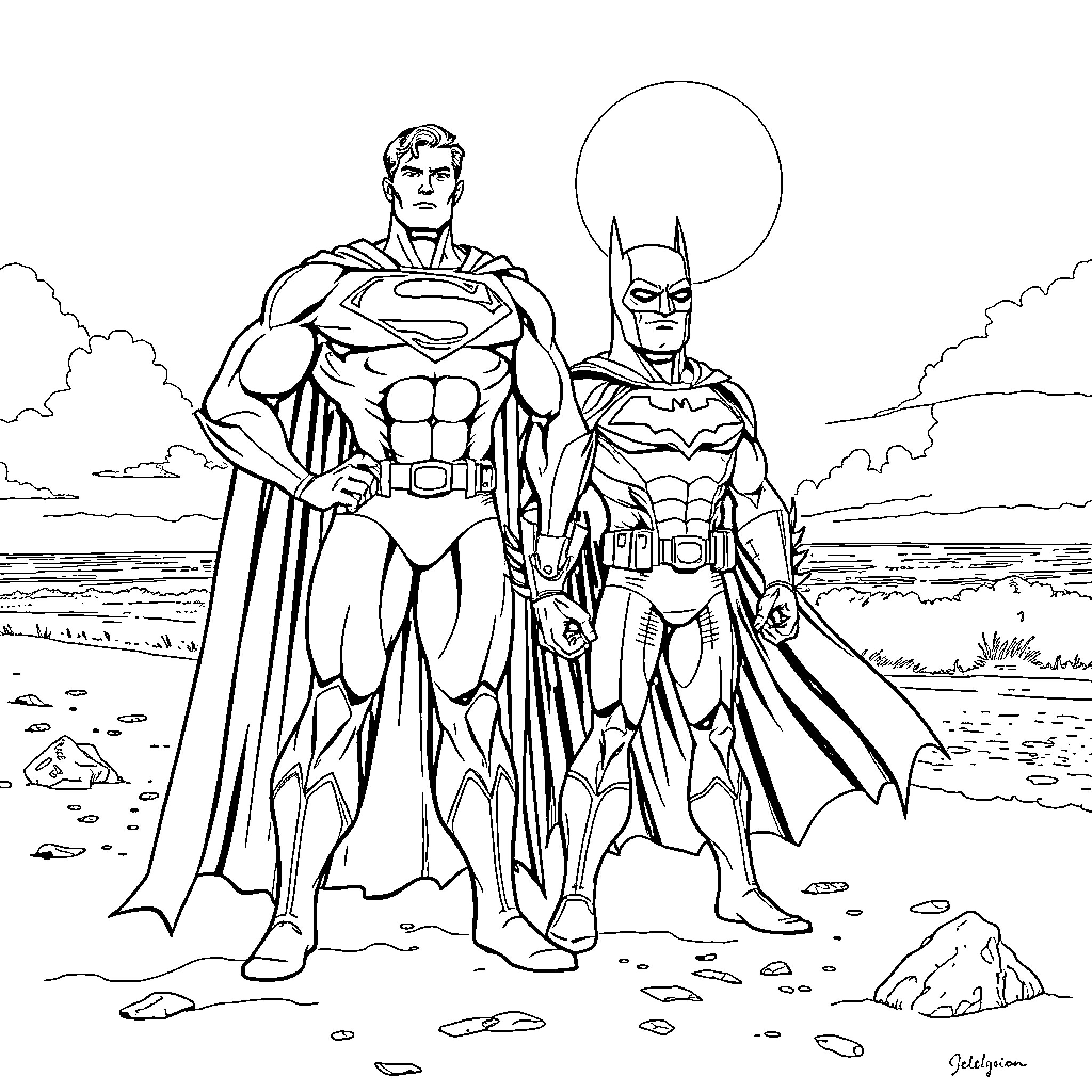 Superman and Batman standing heroically on a beach Coloring Page (free black-and-white line drawing printable PDF for all, from beginners to advanced learners, including children, teens, adults, and seniors)