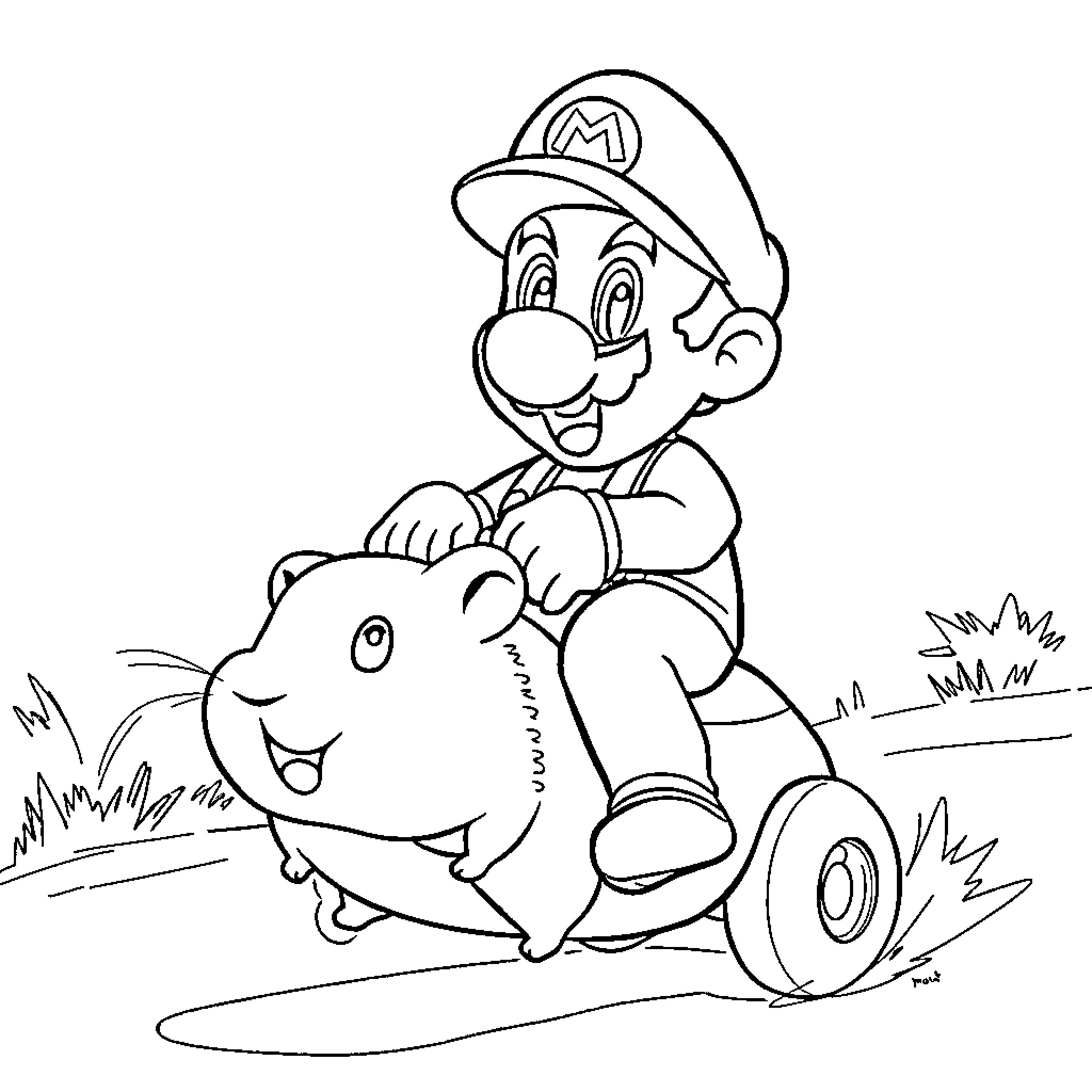 Mario riding a friendly mushroom in a grassy field Coloring Page (free black-and-white line drawing printable PDF for all, from beginners to advanced learners, including children, teens, adults, and seniors)
