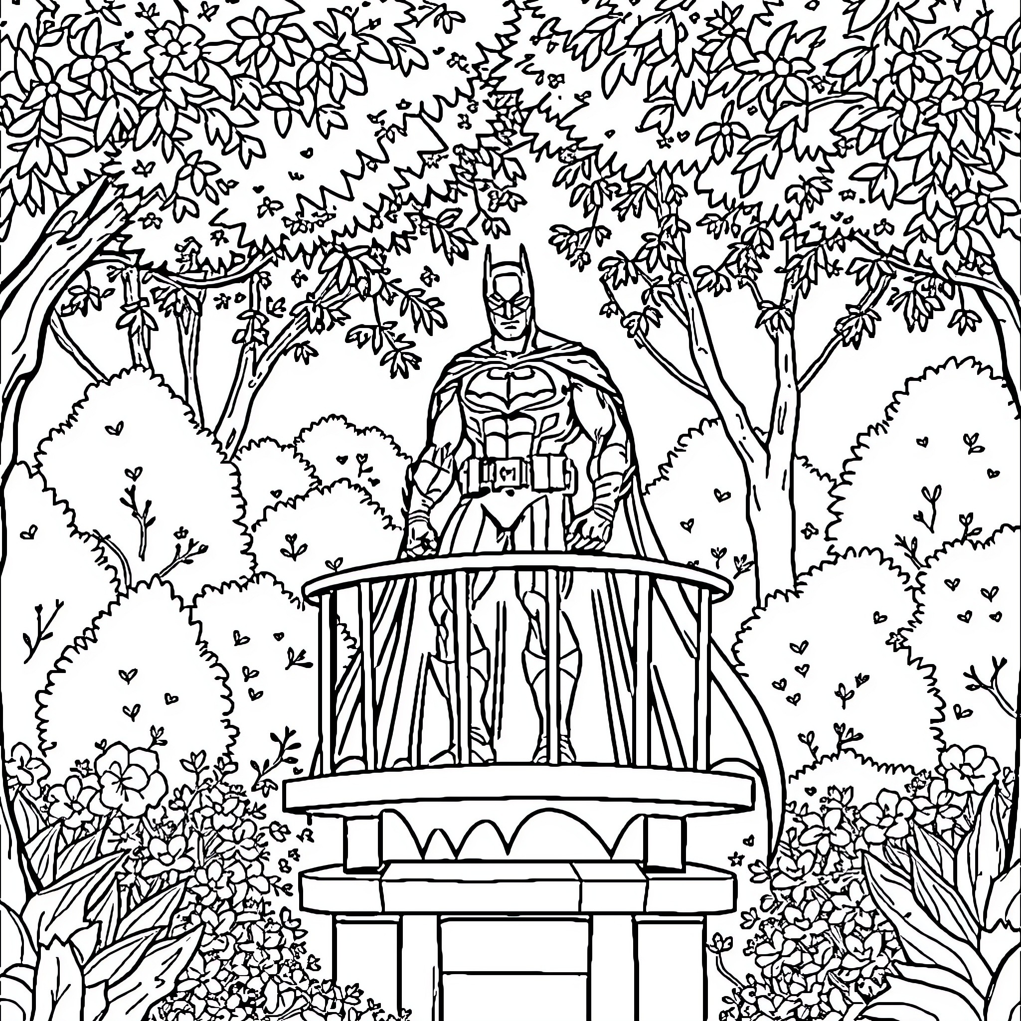 Batman in a Serene Forest Scene Coloring Page (free black-and-white line drawing printable PDF for all, from beginners to advanced learners, including children, teens, adults, and seniors)
