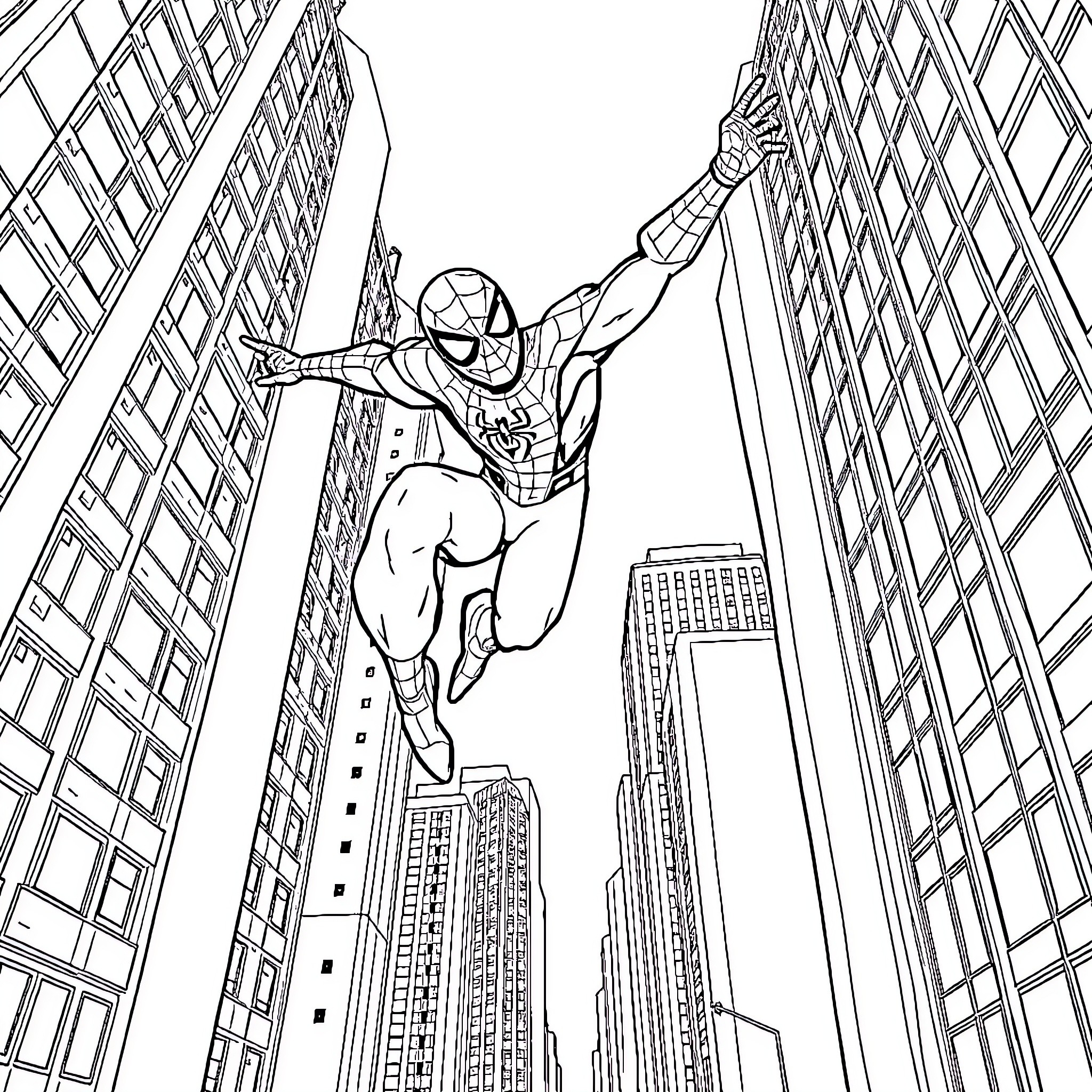 Spiderman swinging through the city skyline Coloring Page (free black-and-white line drawing printable PDF for all, from beginners to advanced learners, including children, teens, adults, and seniors)