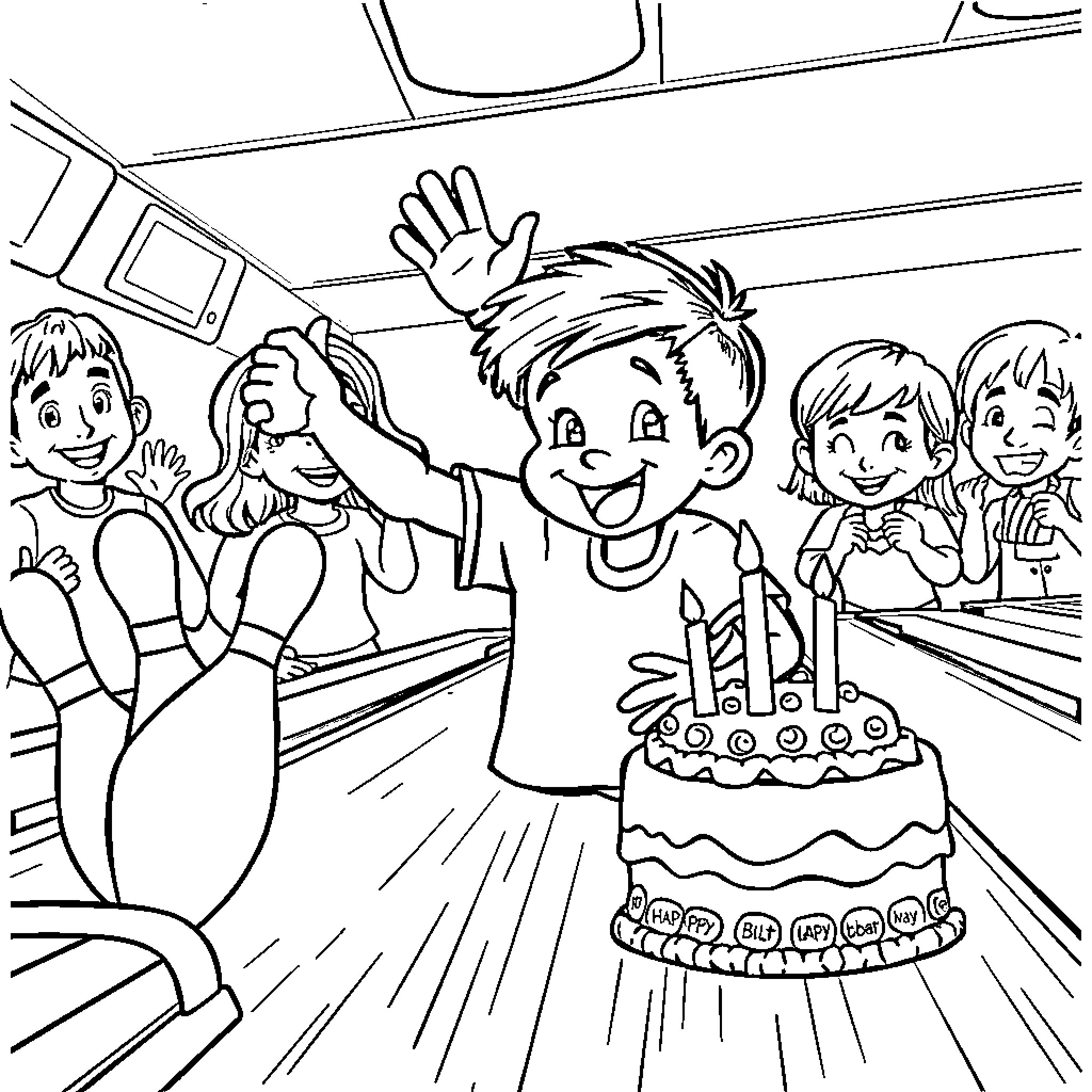 Boy Celebrating His Birthday with Friends Coloring Page (free black-and-white line drawing printable PDF for all, from beginners to advanced learners, including children, teens, adults, and seniors)