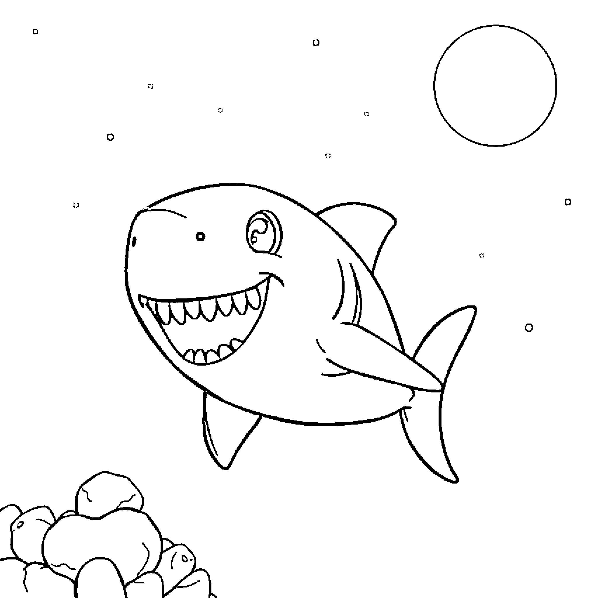 Shark swimming happily in the ocean Coloring Page (free black-and-white line drawing printable PDF for all, from beginners to advanced learners, including children, teens, adults, and seniors)