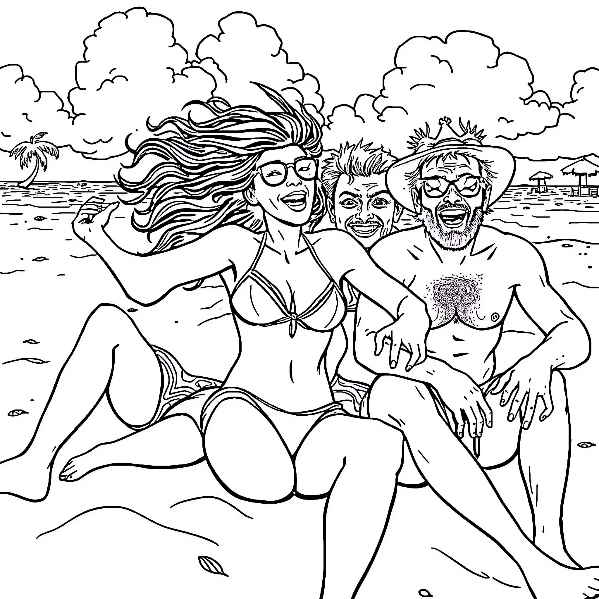 Woman relaxing with friends on the beach Coloring Page (free black-and-white line drawing printable PDF for all, from beginners to advanced learners, including children, teens, adults, and seniors)