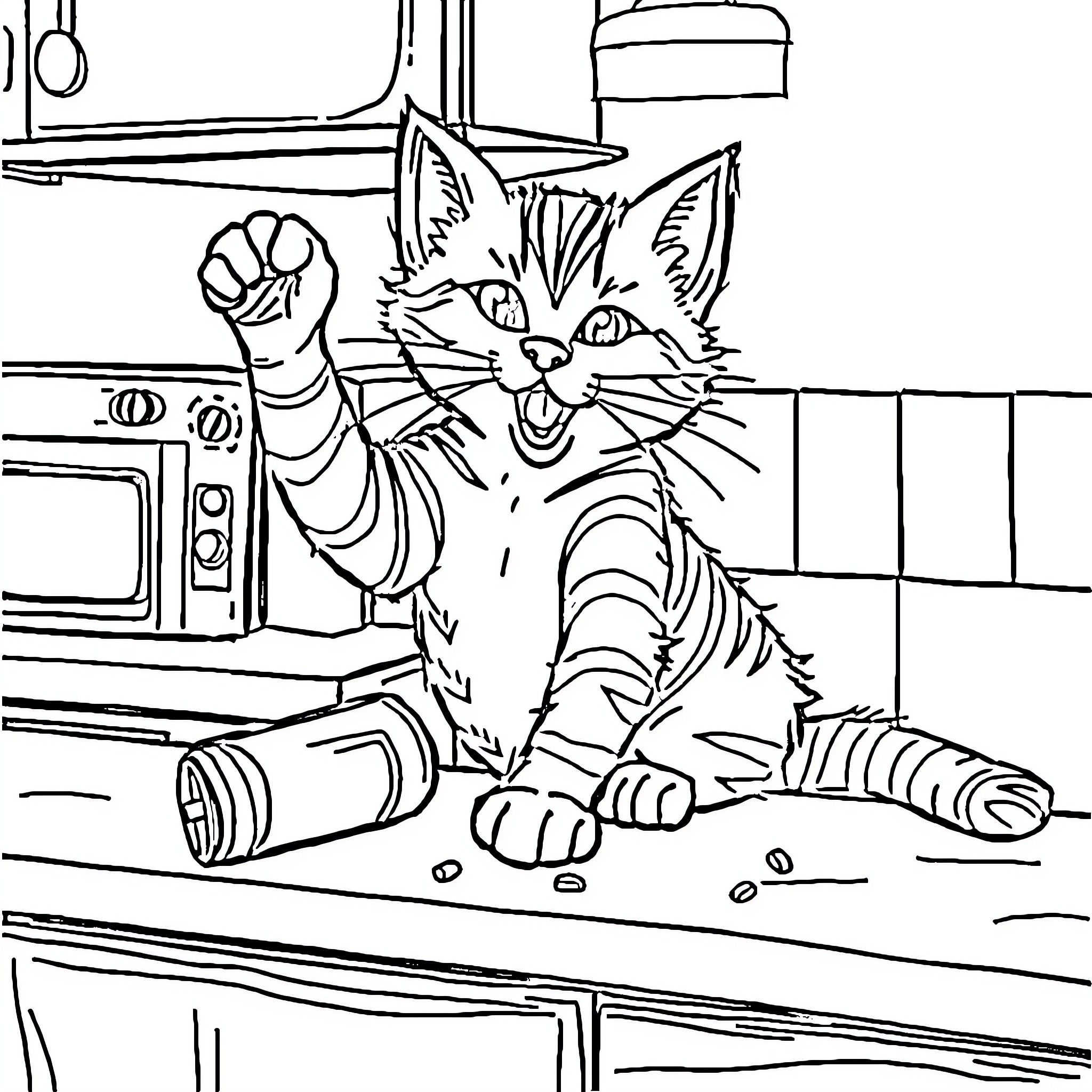 Cat exploring the kitchen counter Coloring Page (free black-and-white line drawing printable PDF for all, from beginners to advanced learners, including children, teens, adults, and seniors)