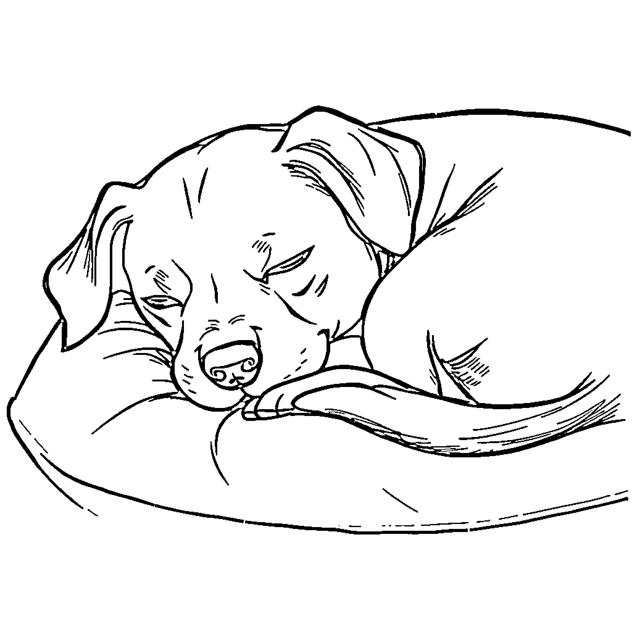 Dog sleeping peacefully on a pillow Coloring Page (free black-and-white line drawing printable PDF for all, from beginners to advanced learners, including children, teens, adults, and seniors)