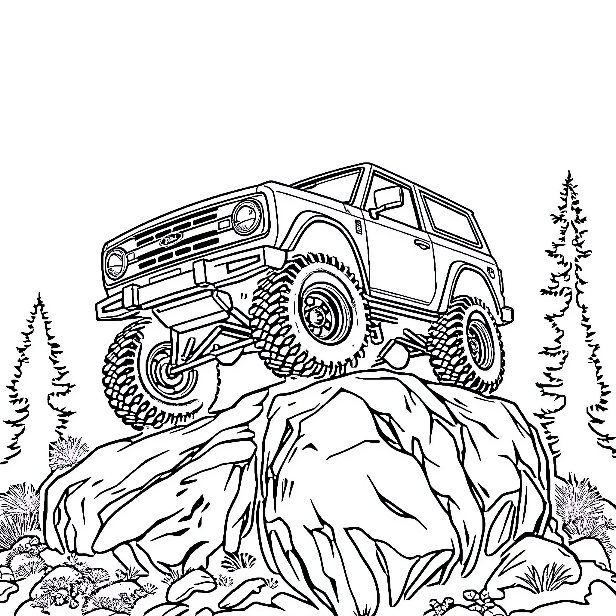 Ford Bronco tackling rugged outdoor terrain Coloring Page (free black-and-white line drawing printable PDF for all, from beginners to advanced learners, including children, teens, adults, and seniors)