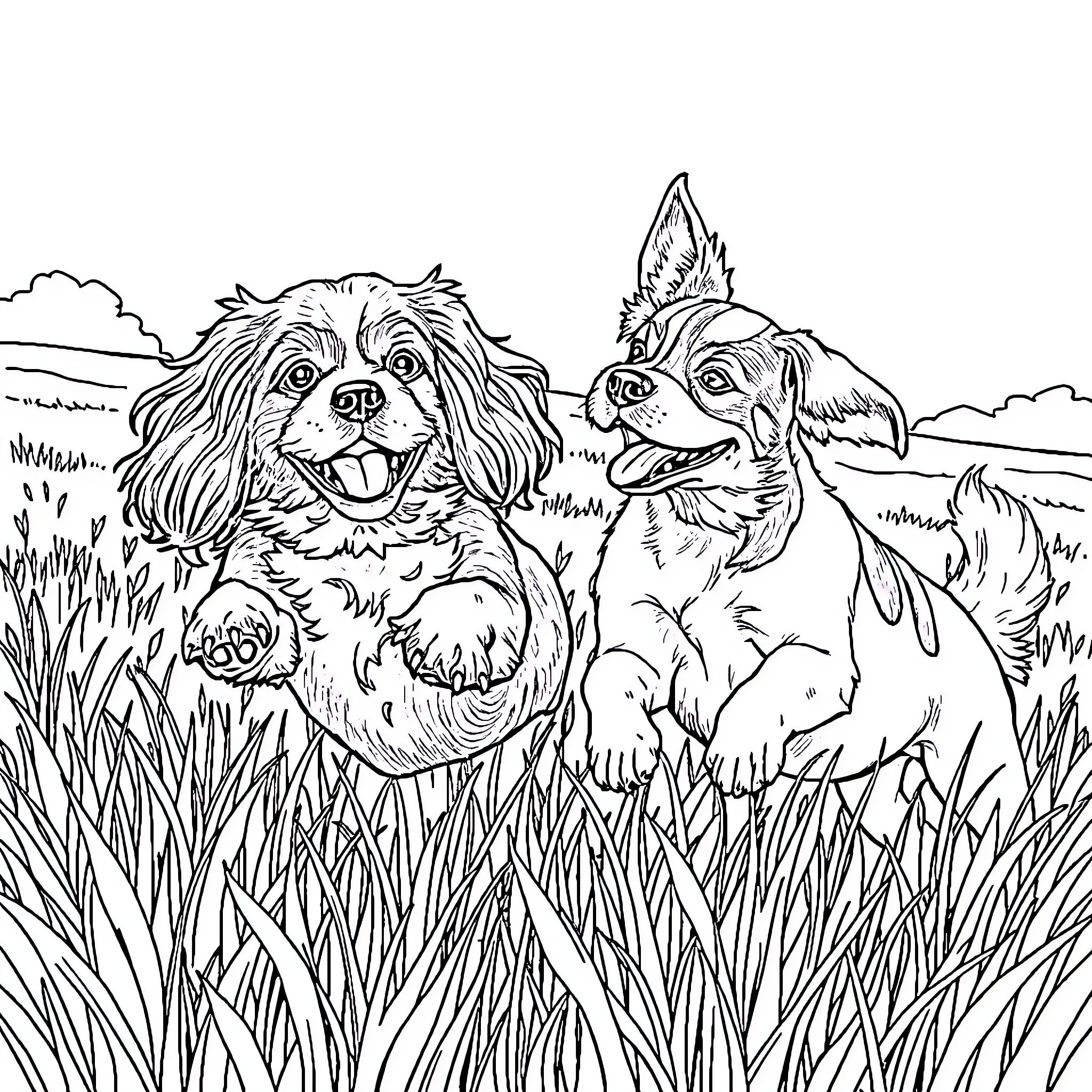 Cavalier King Charles Spaniels Enjoying Outdoor Adventure Coloring Page (free black-and-white line drawing printable PDF for all, from beginners to advanced learners, including children, teens, adults, and seniors)