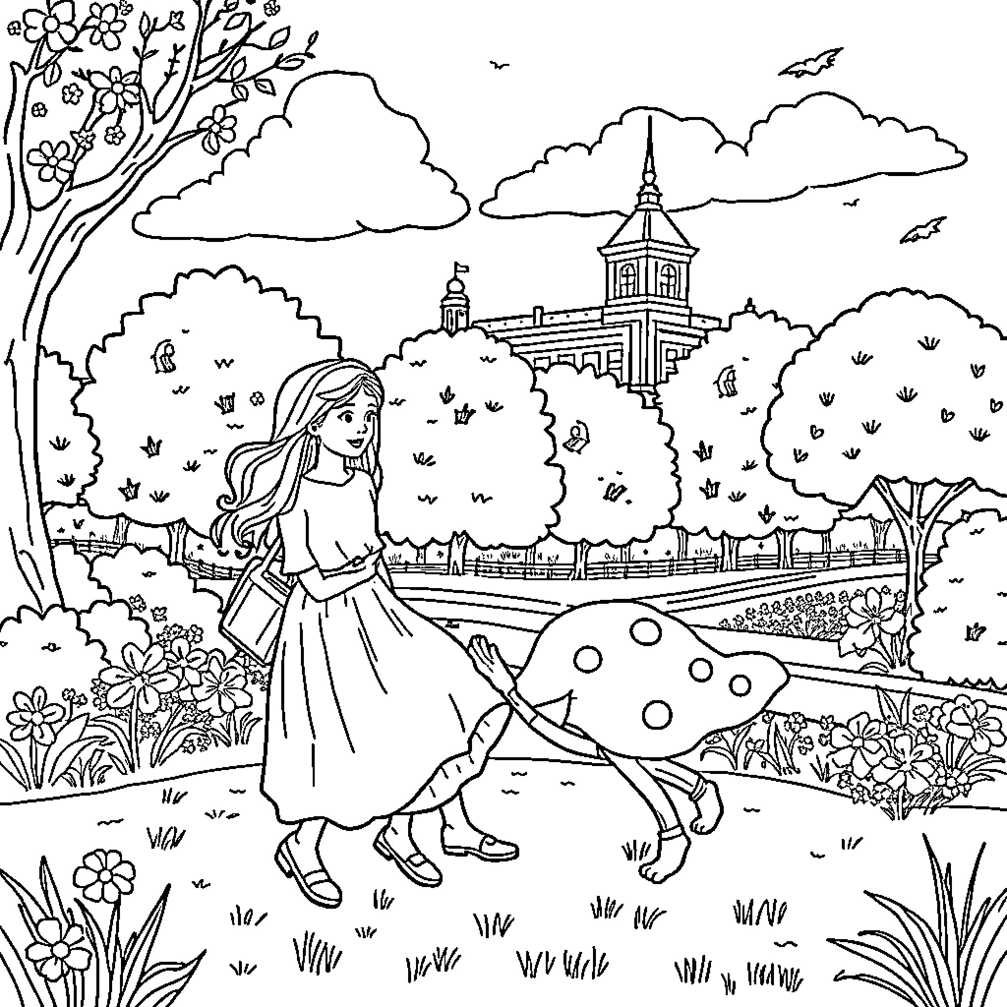 Diana and Roma enjoying a stroll through the enchanted garden Coloring Page (free black-and-white line drawing printable PDF for all, from beginners to advanced learners, including children, teens, adults, and seniors)