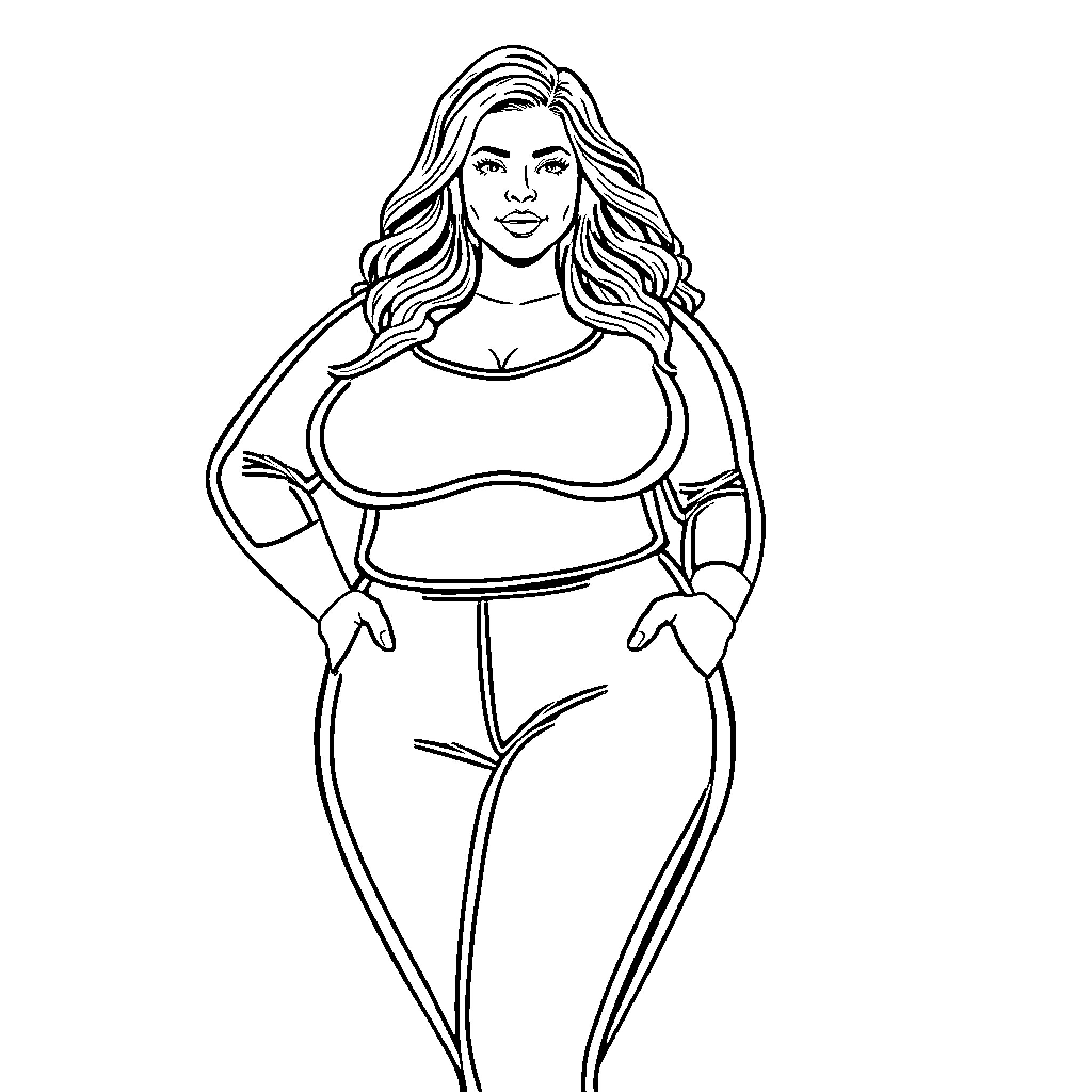 Bbw woman in confident pose Coloring Page (free black-and-white line drawing printable PDF for all, from beginners to advanced learners, including children, teens, adults, and seniors)