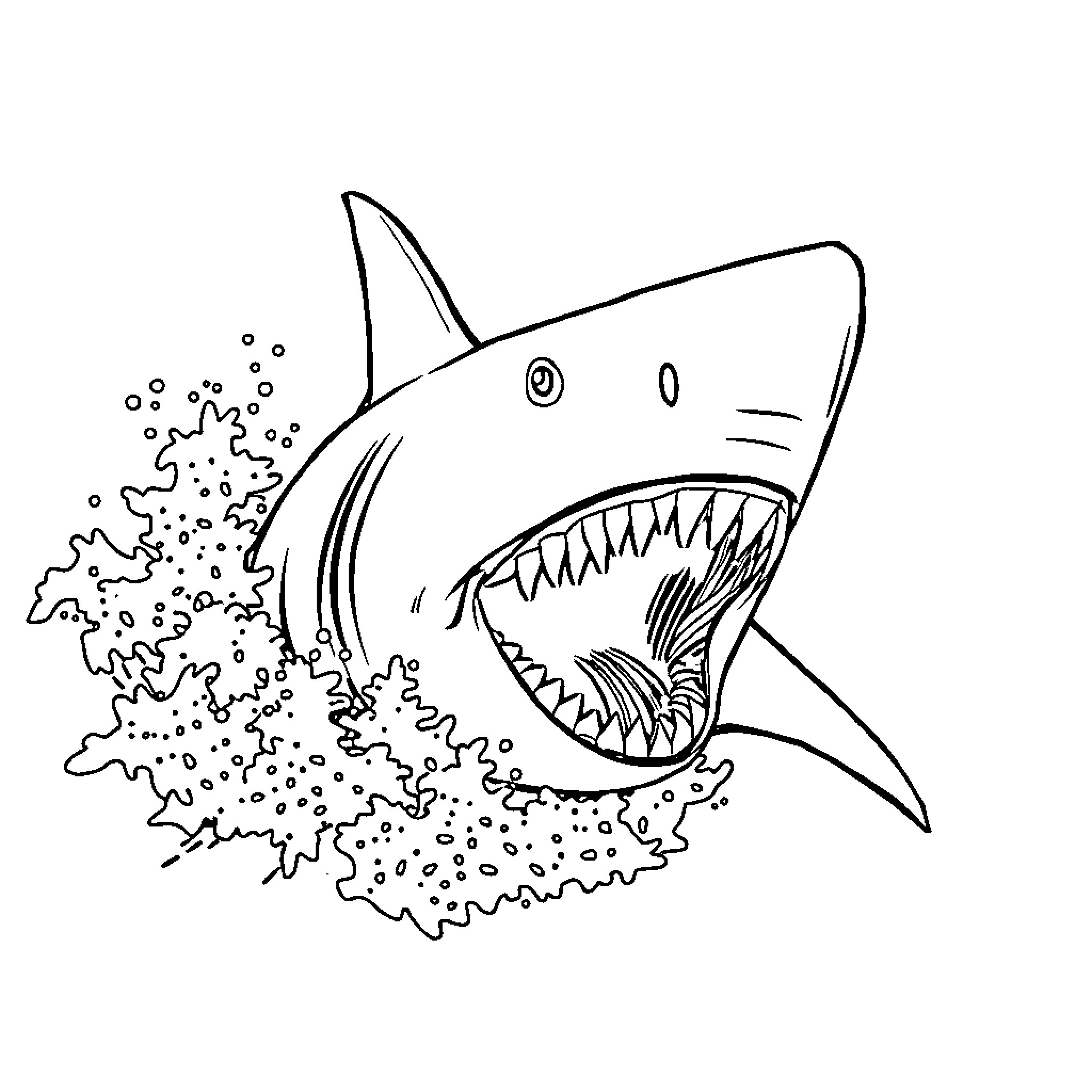 Shark attacking with open mouth Coloring Page (free black-and-white line drawing printable PDF for all, from beginners to advanced learners, including children, teens, adults, and seniors)