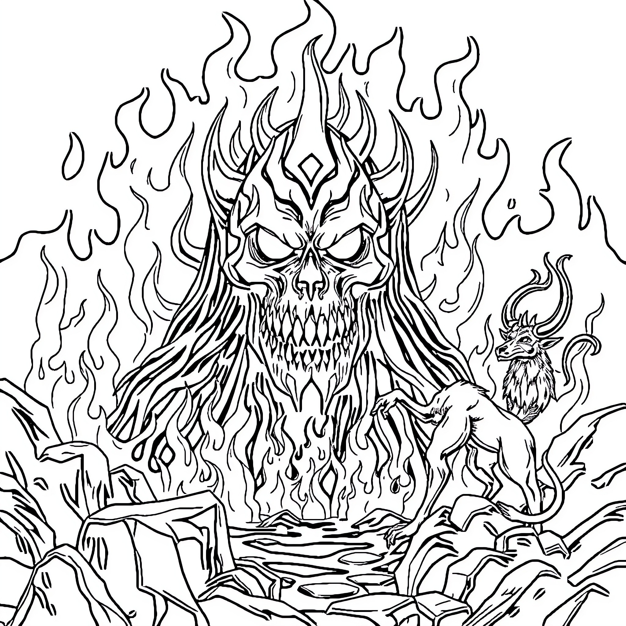 Skull surrounded by fiery demonic presence Coloring Page (free black-and-white line drawing printable PDF for all, from beginners to advanced learners, including children, teens, adults, and seniors)