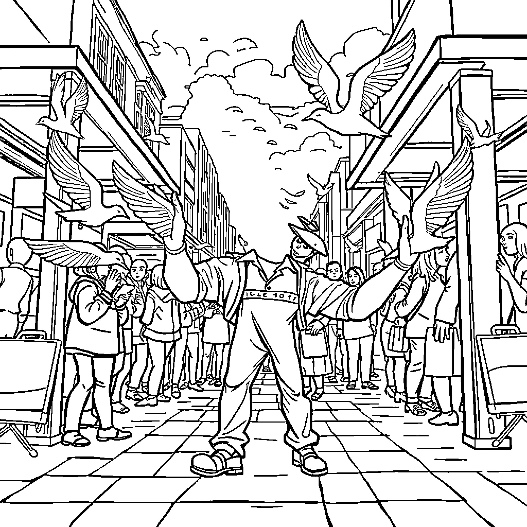 Delivery Person walks through a bustling city street Coloring Page (free black-and-white line drawing printable PDF for all, from beginners to advanced learners, including children, teens, adults, and seniors)