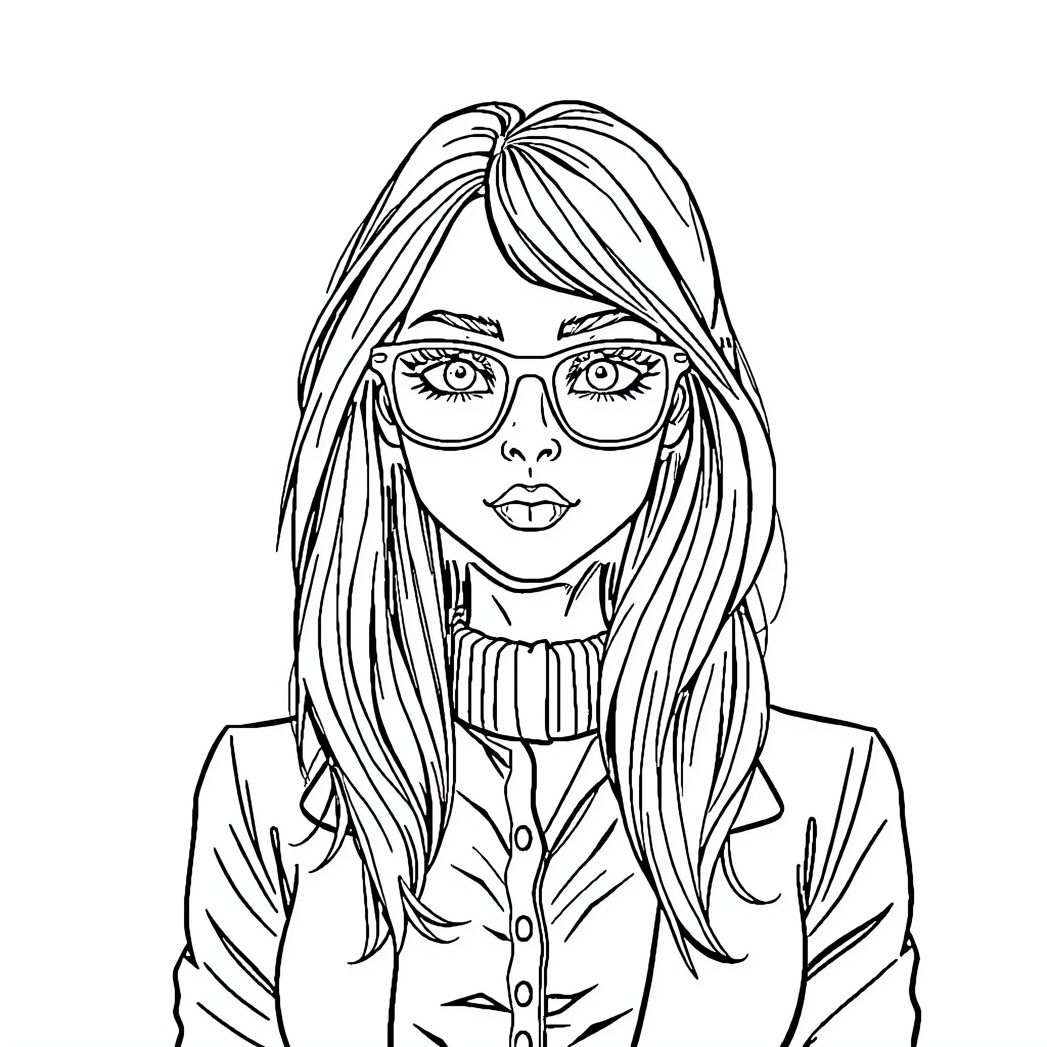 Girl with long hair wearing glasses Coloring Page (free black-and-white line drawing printable PDF for all, from beginners to advanced learners, including children, teens, adults, and seniors)