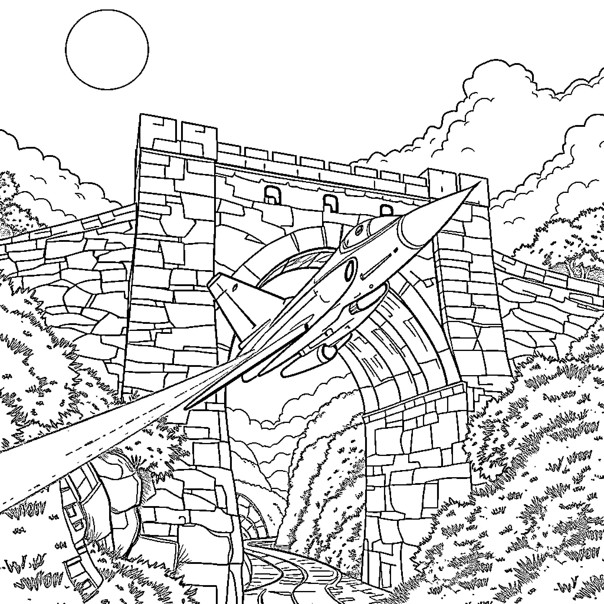 Mirage 2000 soaring over a majestic castle wall Coloring Page (free black-and-white line drawing printable PDF for all, from beginners to advanced learners, including children, teens, adults, and seniors)