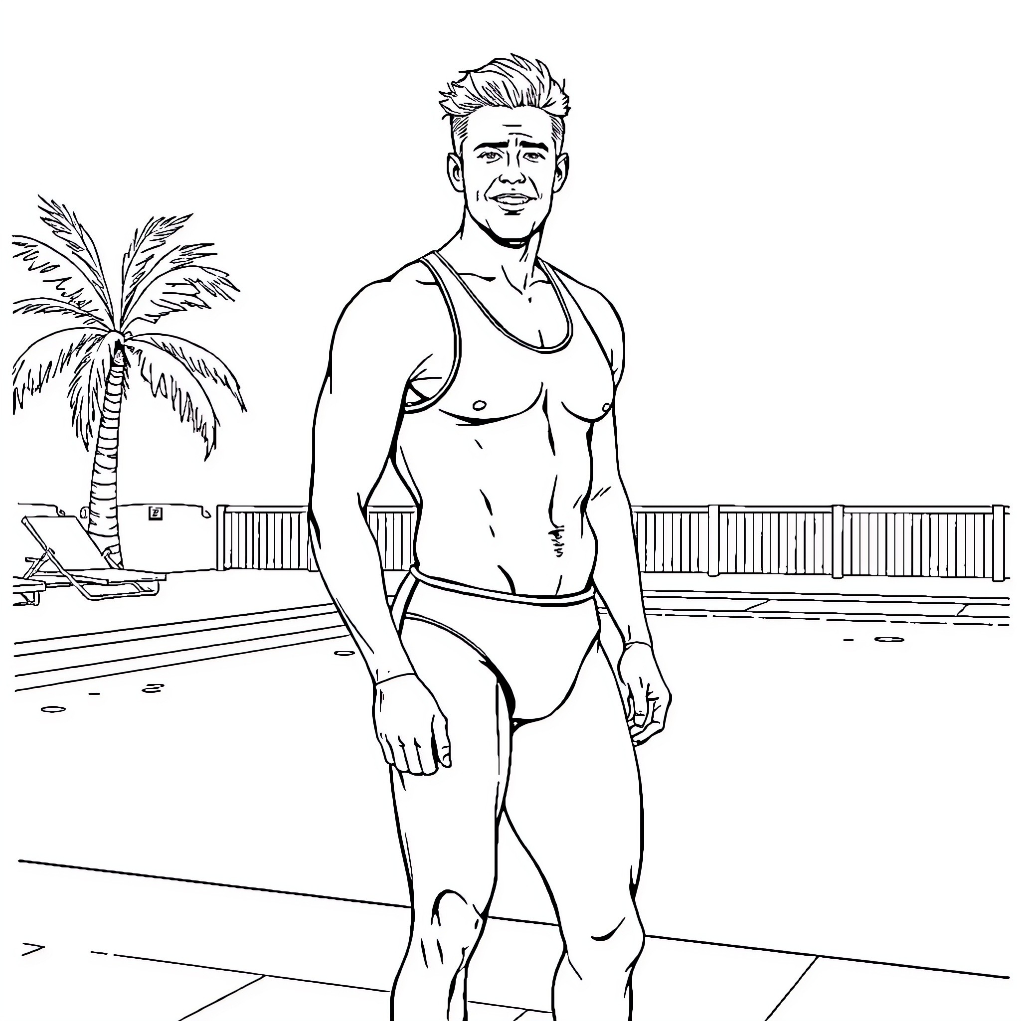 Shane Gillis in swimwear at poolside Coloring Page (free black-and-white line drawing printable PDF for all, from beginners to advanced learners, including children, teens, adults, and seniors)