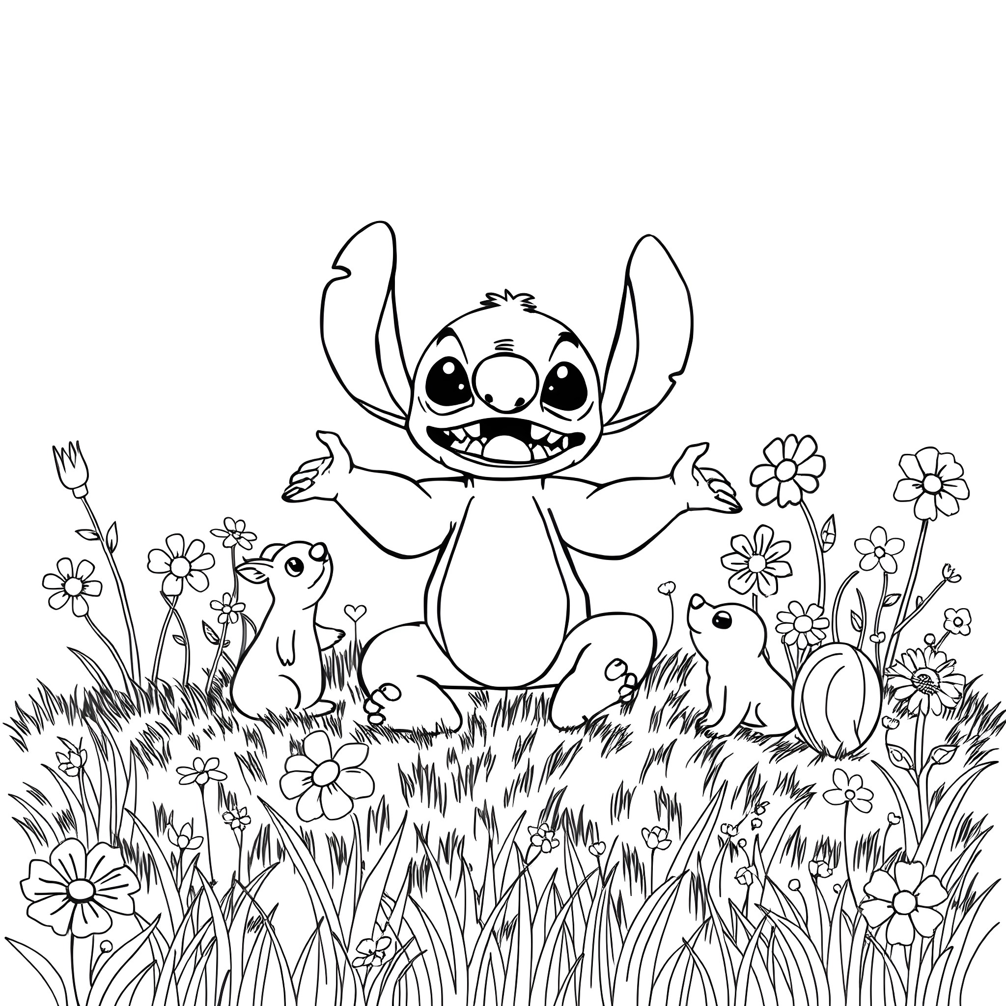 Stitch surrounded by flowers and nature Coloring Page (free black-and-white line drawing printable PDF for all, from beginners to advanced learners, including children, teens, adults, and seniors)