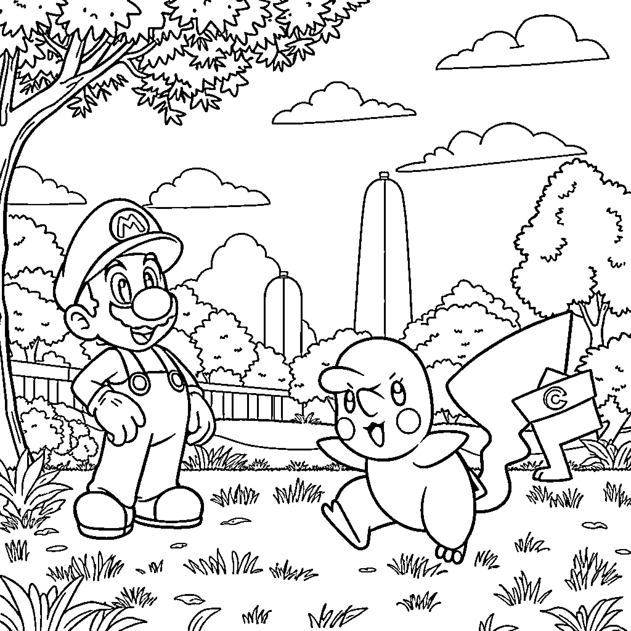Pokémon characters exploring a nature scene Coloring Page (free black-and-white line drawing printable PDF for all, from beginners to advanced learners, including children, teens, adults, and seniors)