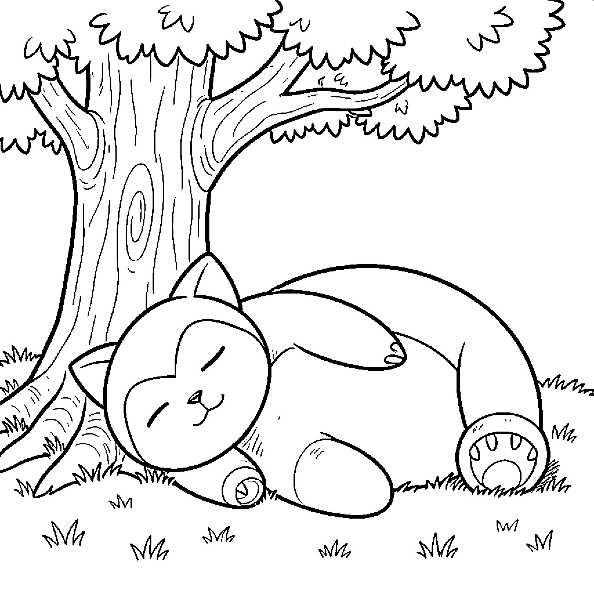 Snorlax sleeping peacefully under a large tree Coloring Page (free black-and-white line drawing printable PDF for all, from beginners to advanced learners, including children, teens, adults, and seniors)