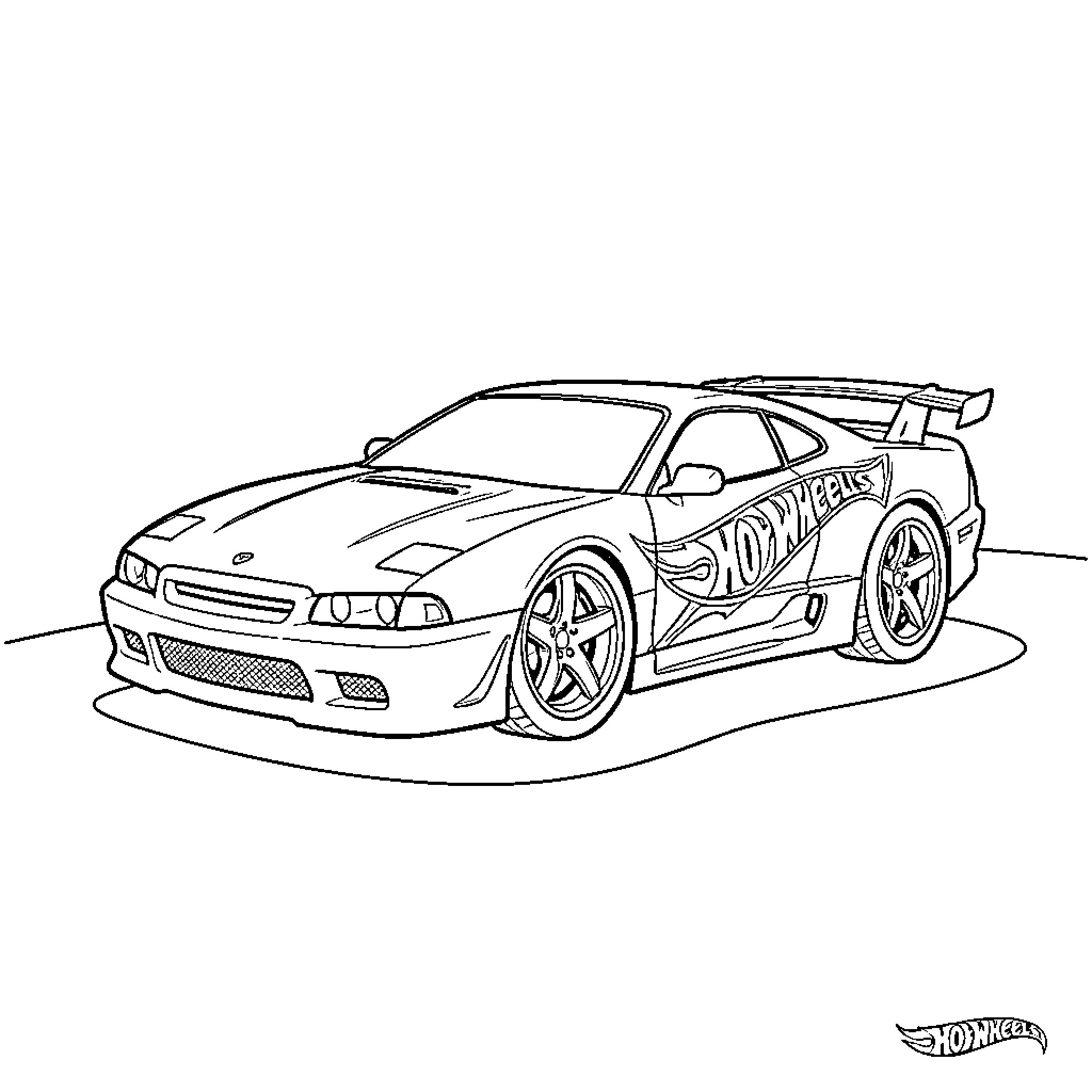Hot Wheels sports car parked on a surface Coloring Page (free black-and-white line drawing printable PDF for all, from beginners to advanced learners, including children, teens, adults, and seniors)