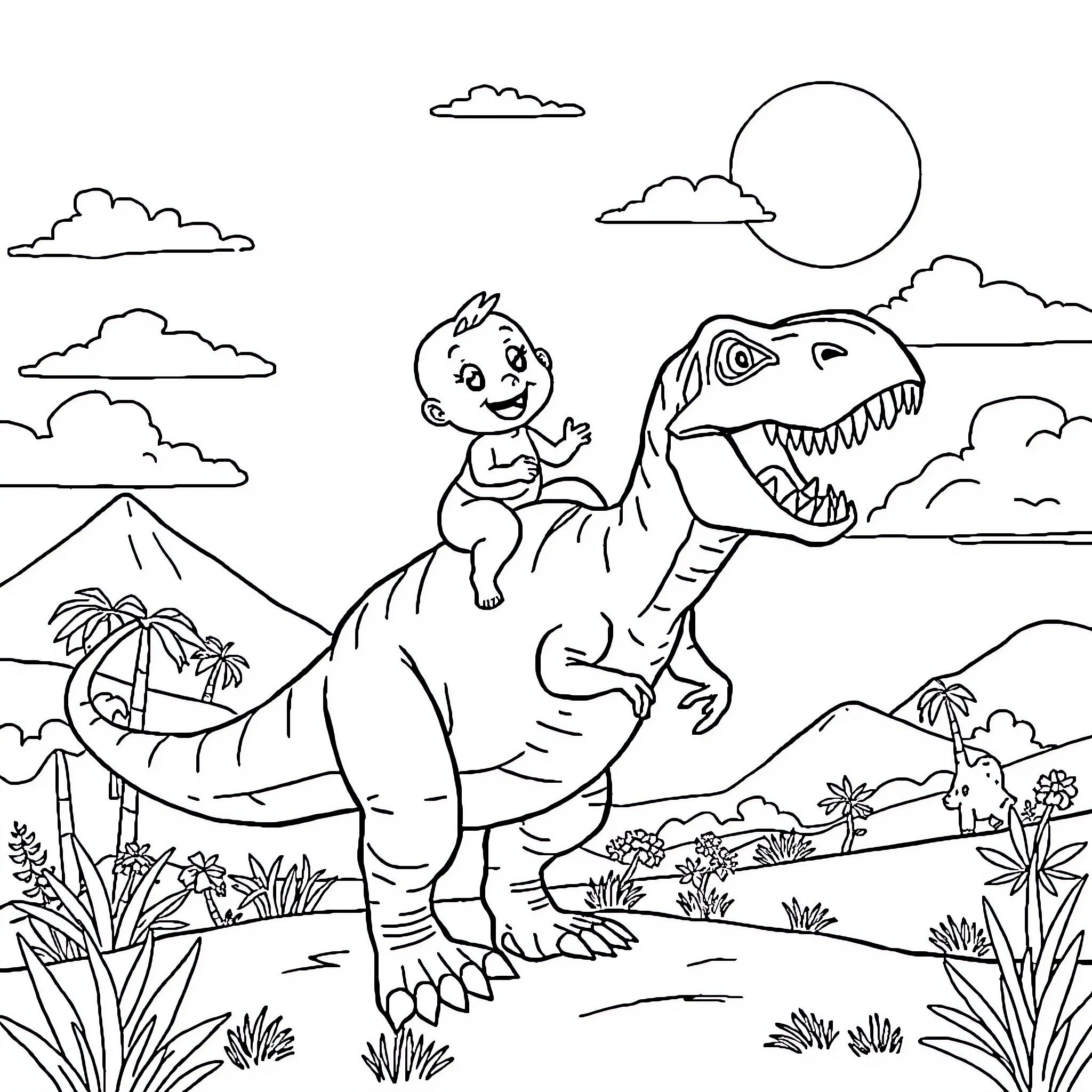 Bluey's Prehistoric Adventure with Dinosaur Friend Coloring Page (free black-and-white line drawing printable PDF for all, from beginners to advanced learners, including children, teens, adults, and seniors)
