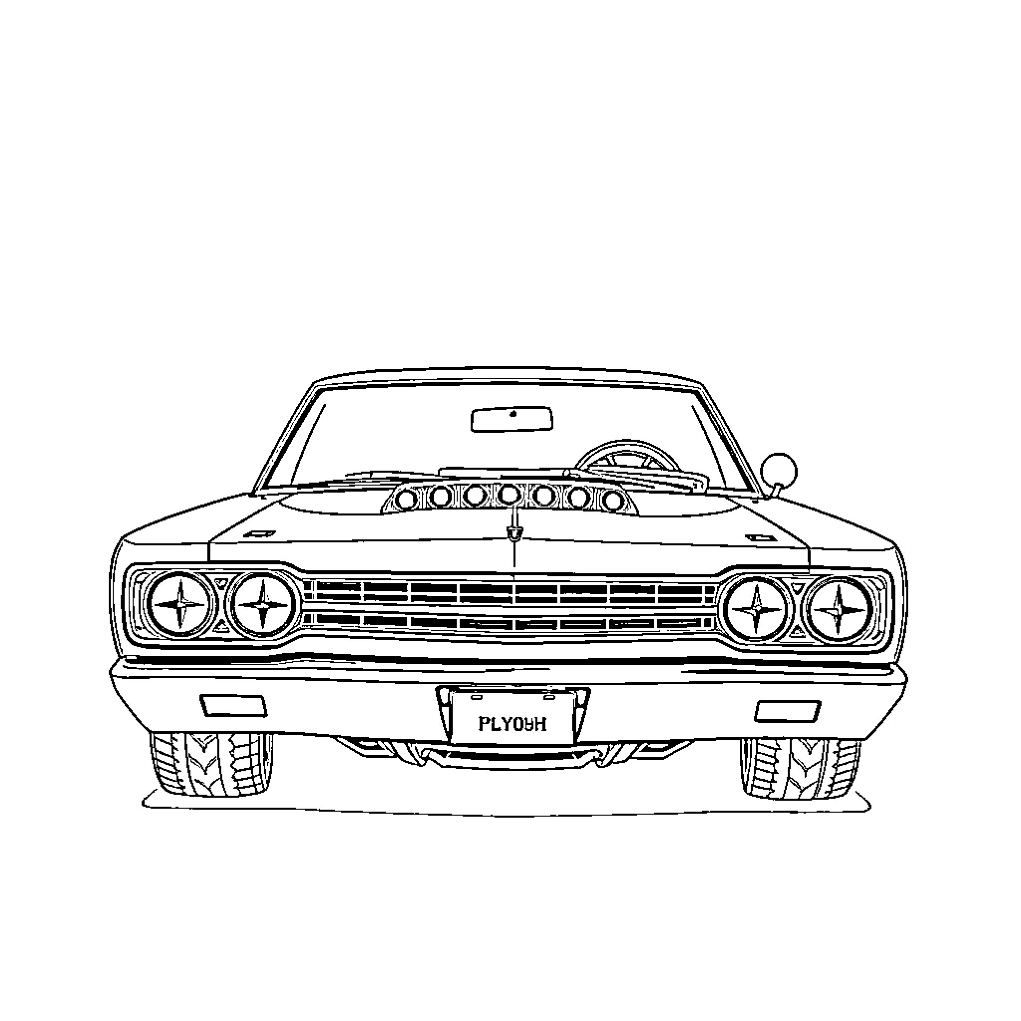 Plymouth muscle car with distinctive front grille Coloring Page (free black-and-white line drawing printable PDF for all, from beginners to advanced learners, including children, teens, adults, and seniors)
