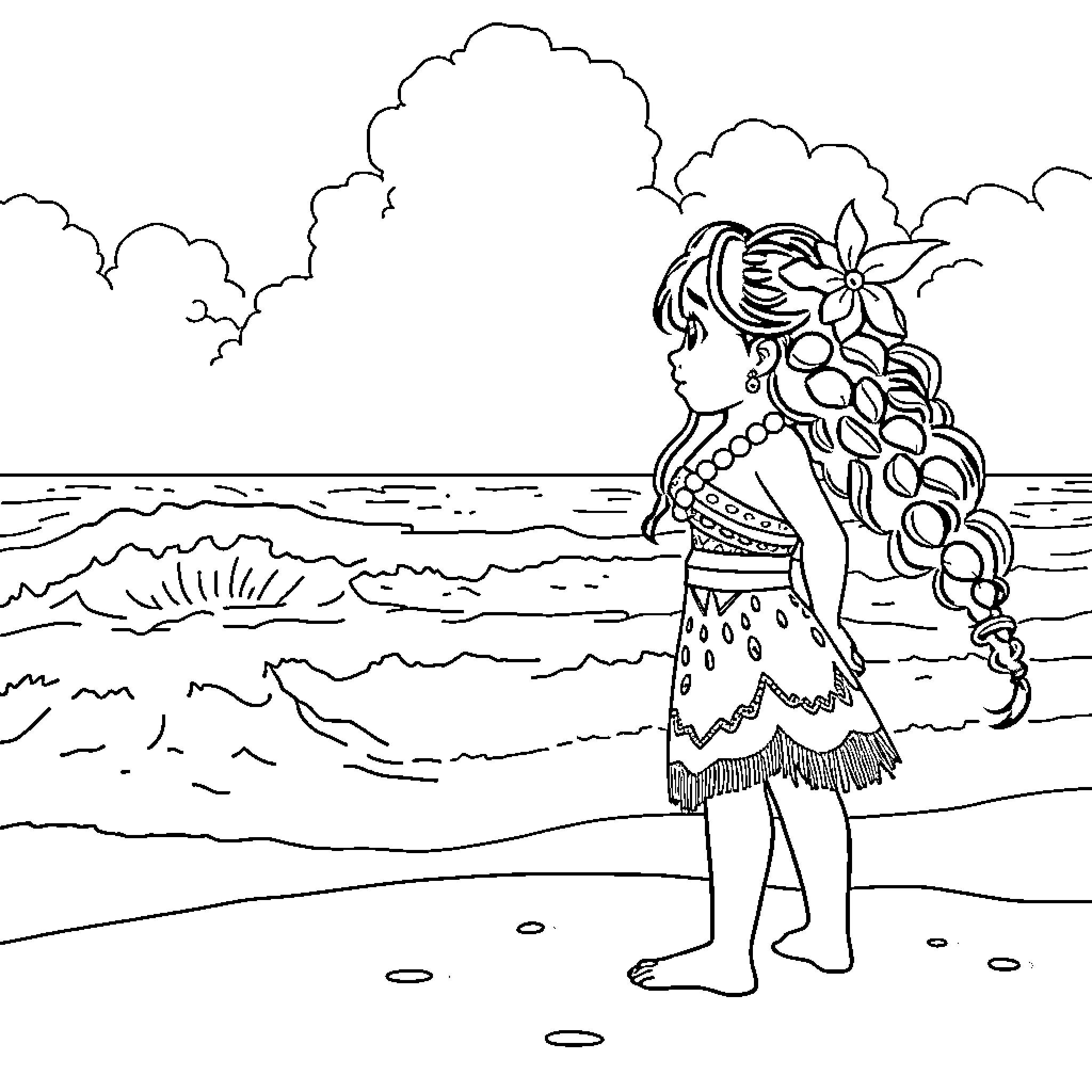 Moana explores the beach in her vibrant outfit Coloring Page (free black-and-white line drawing printable PDF for all, from beginners to advanced learners, including children, teens, adults, and seniors)