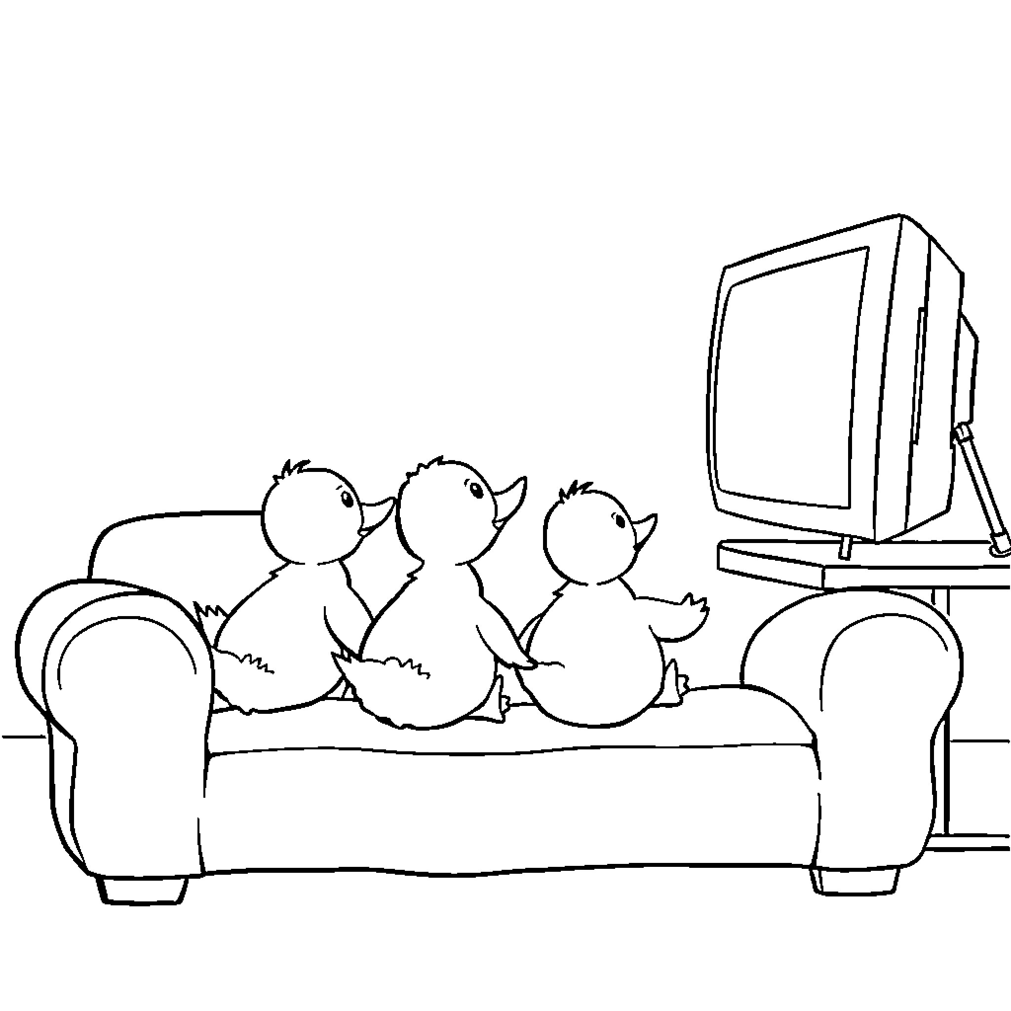 Duck chicks watching TV on a couch Coloring Page (free black-and-white line drawing printable PDF for all, from beginners to advanced learners, including children, teens, adults, and seniors)