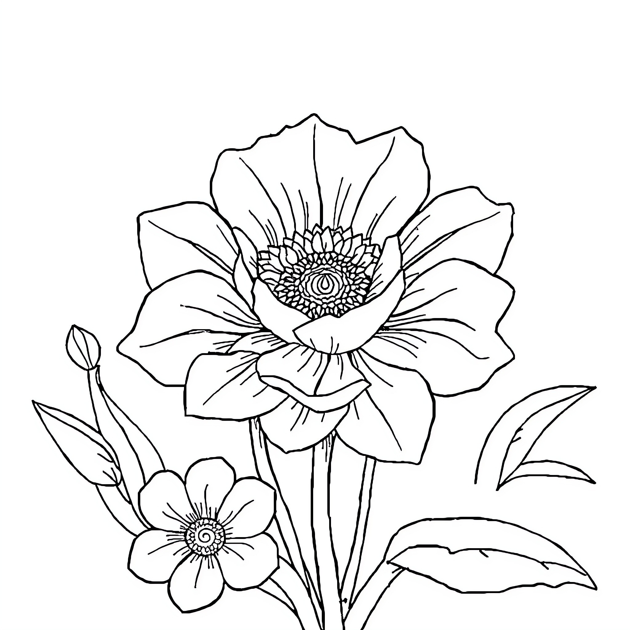 Dragon flower with intricate petals and leaves Coloring Page (free black-and-white line drawing printable PDF for all, from beginners to advanced learners, including children, teens, adults, and seniors)