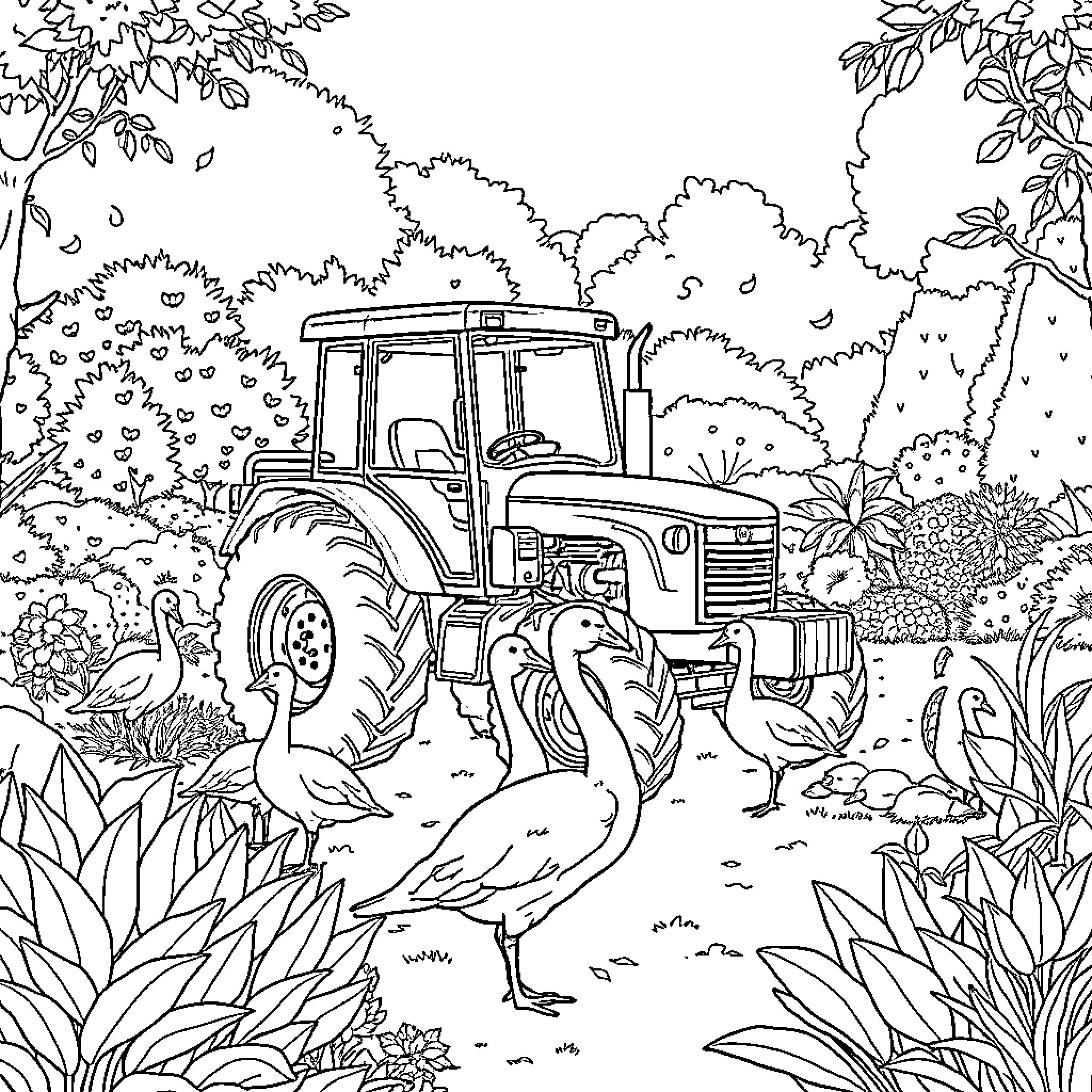 Tracteur traversant un paysage bucolique avec des animaux Coloring Page (free black-and-white line drawing printable PDF for all, from beginners to advanced learners, including children, teens, adults, and seniors)