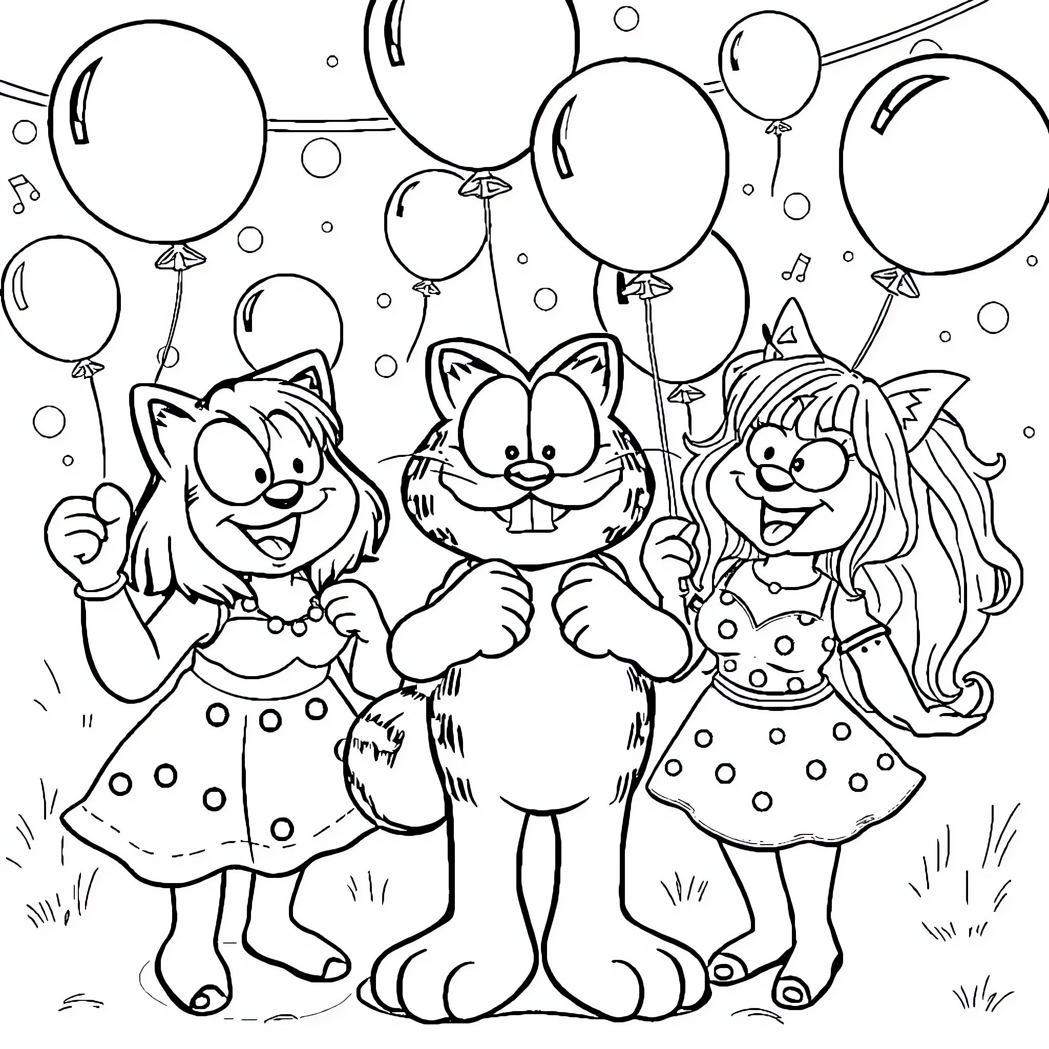 Garfield and friends celebrate with balloons Coloring Page (free black-and-white line drawing printable PDF for all, from beginners to advanced learners, including children, teens, adults, and seniors)