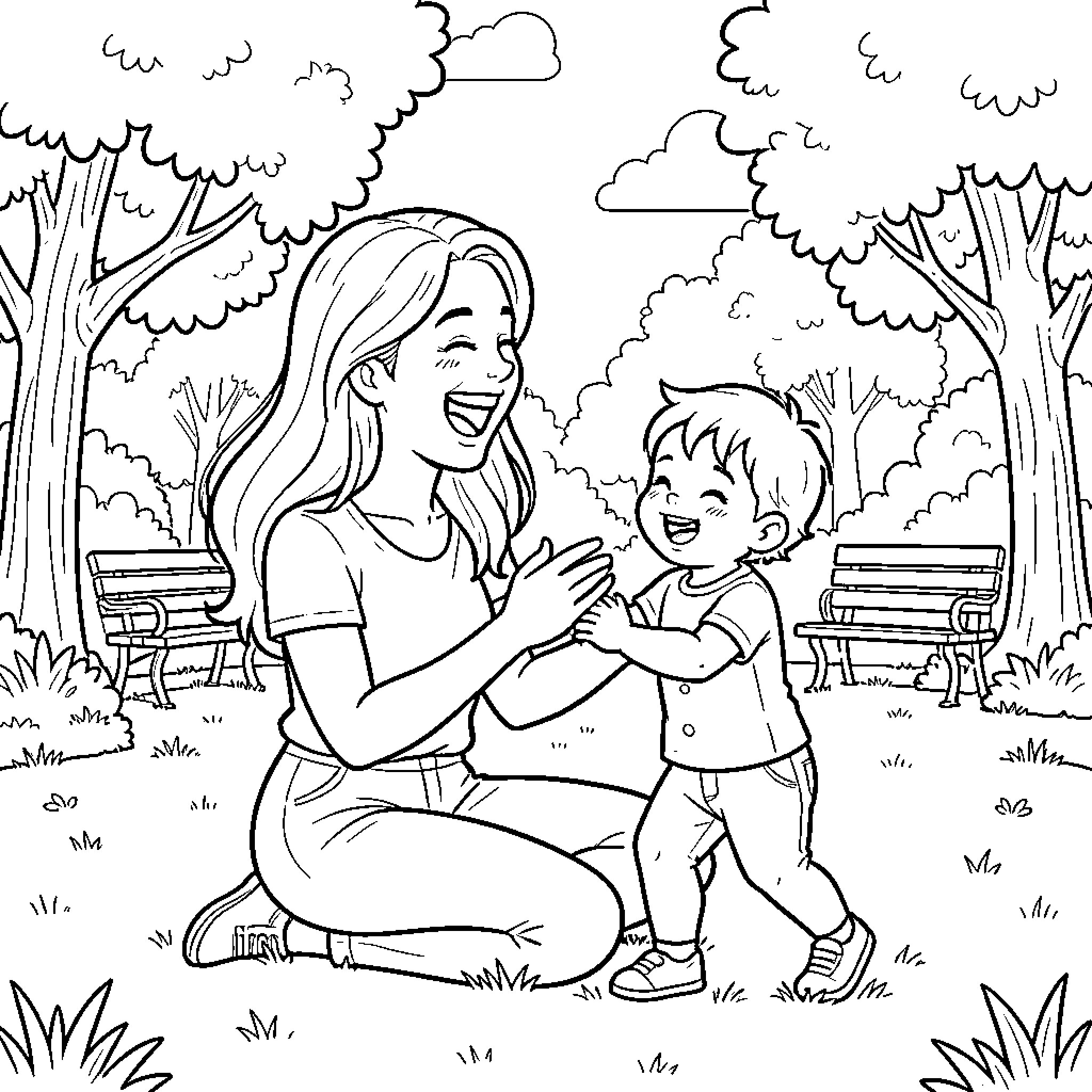 Mother playing joyfully with her child in the park Coloring Page (free black-and-white line drawing printable PDF for all, from beginners to advanced learners, including children, teens, adults, and seniors)