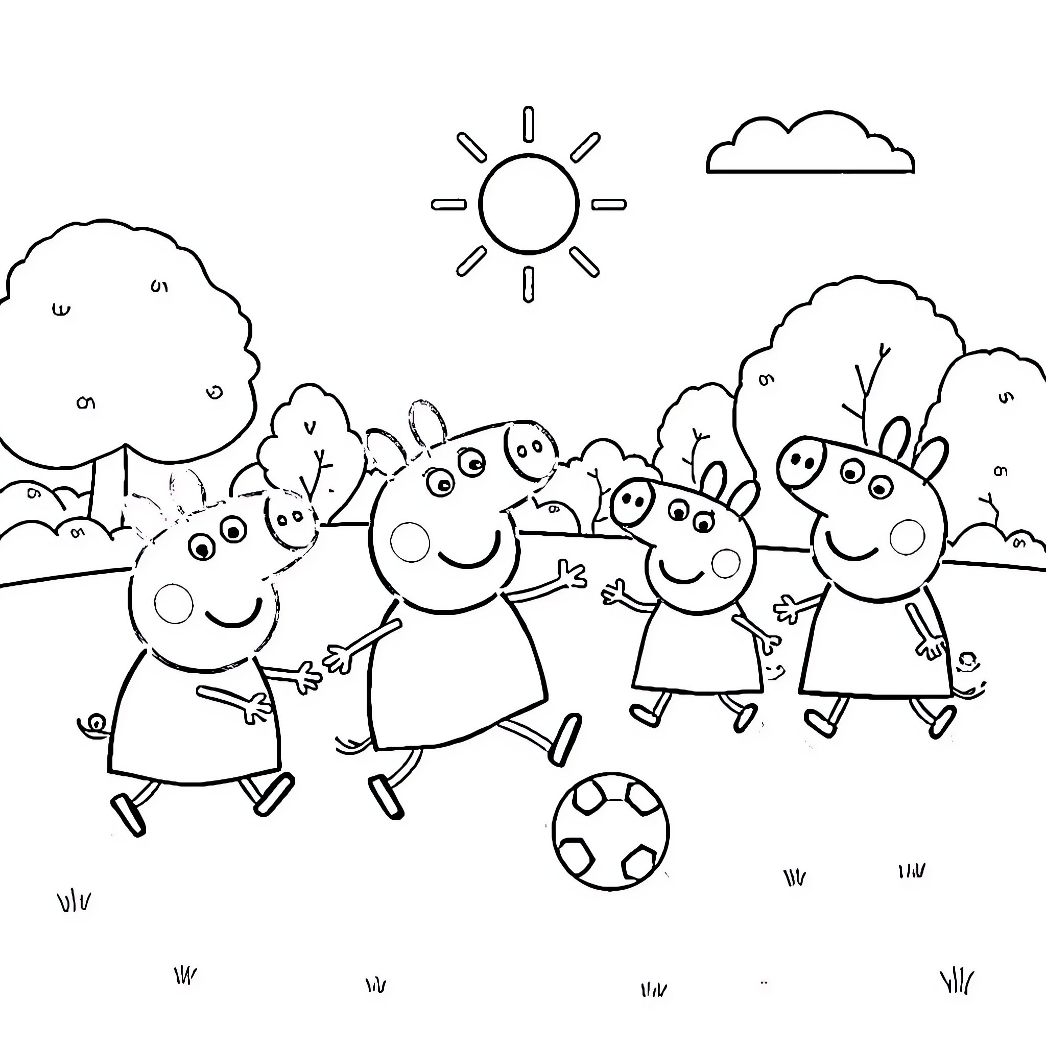 Peppa Pig and friends playing soccer in the park Coloring Page (free black-and-white line drawing printable PDF for all, from beginners to advanced learners, including children, teens, adults, and seniors)
