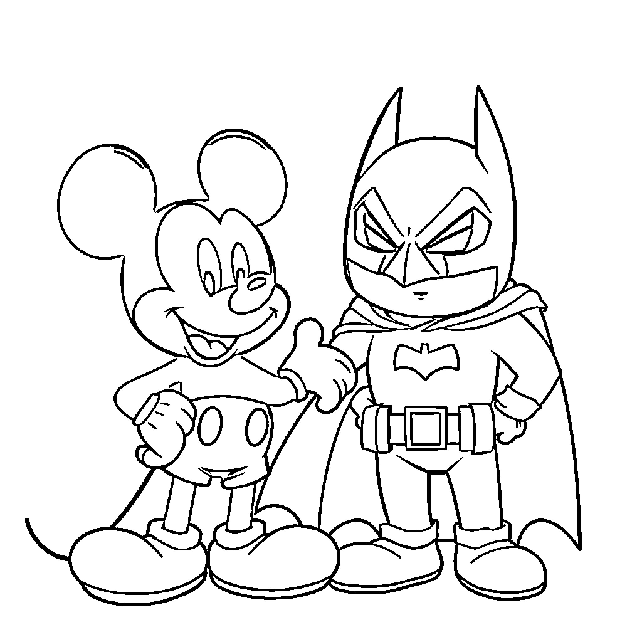 Mickey Mouse and Batman in costume Coloring Page (free black-and-white line drawing printable PDF for all, from beginners to advanced learners, including children, teens, adults, and seniors)
