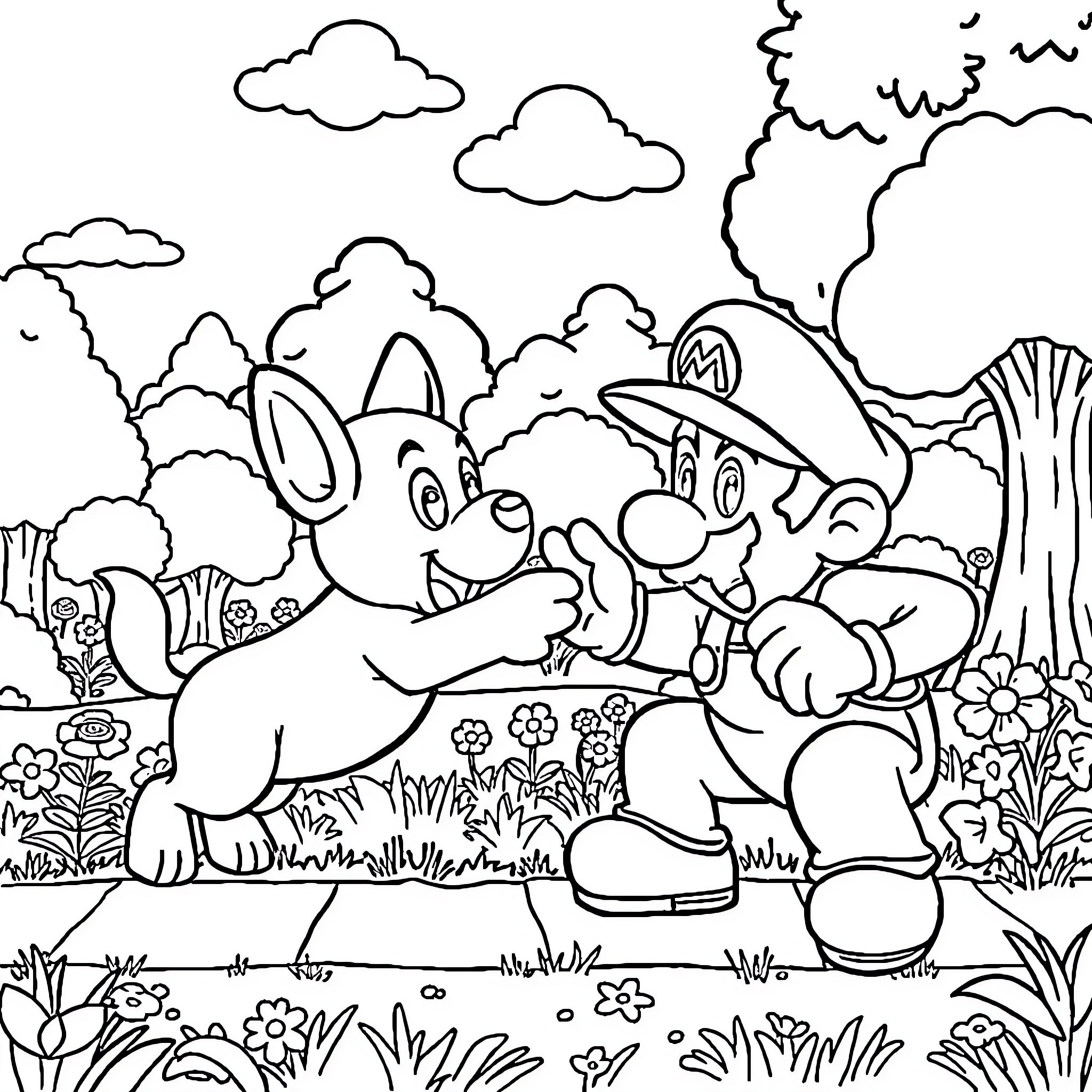 Mario and Luigi exploring the lush forest Coloring Page (free black-and-white line drawing printable PDF for all, from beginners to advanced learners, including children, teens, adults, and seniors)