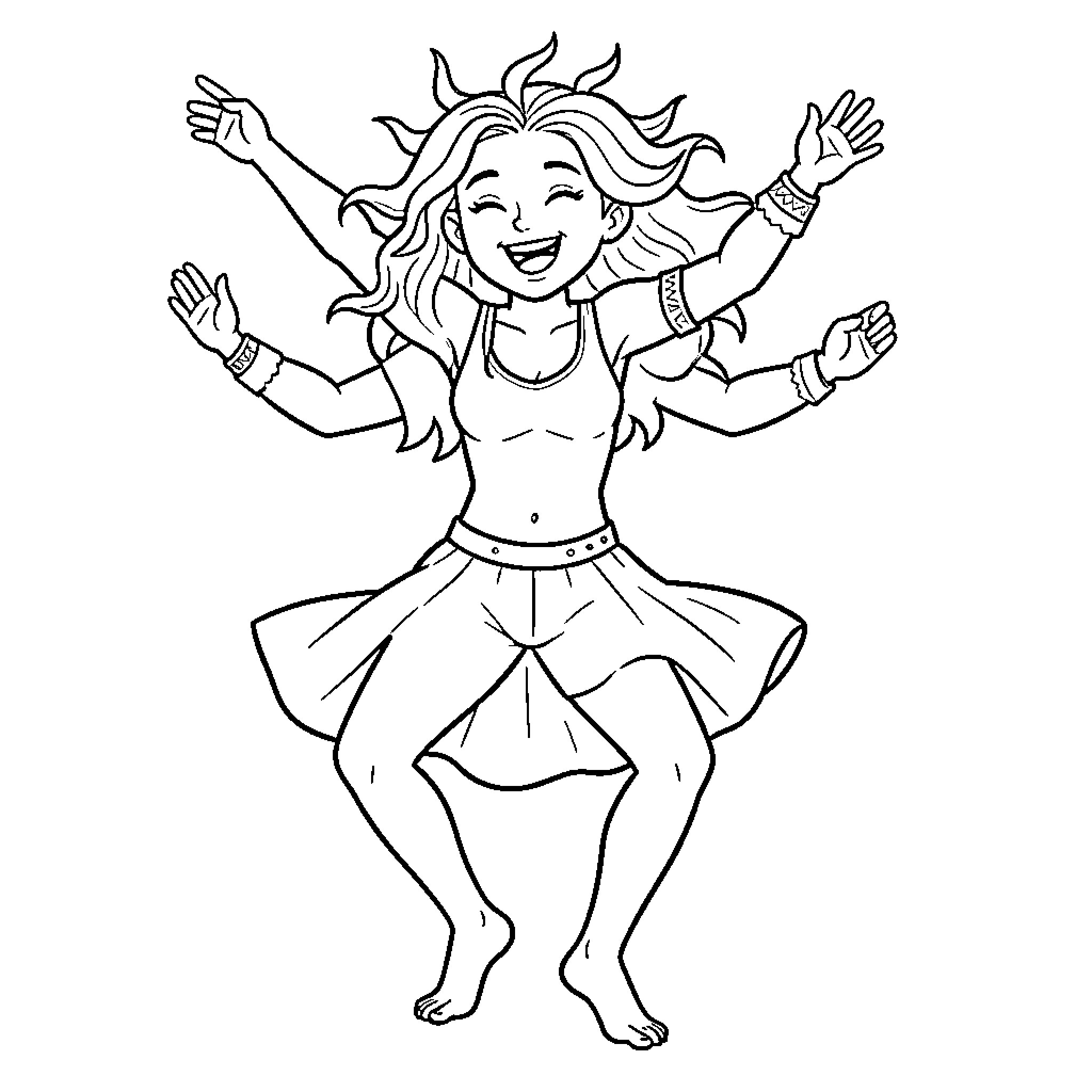 Soleil dancing joyfully with many arms outstretched Coloring Page (free black-and-white line drawing printable PDF for all, from beginners to advanced learners, including children, teens, adults, and seniors)