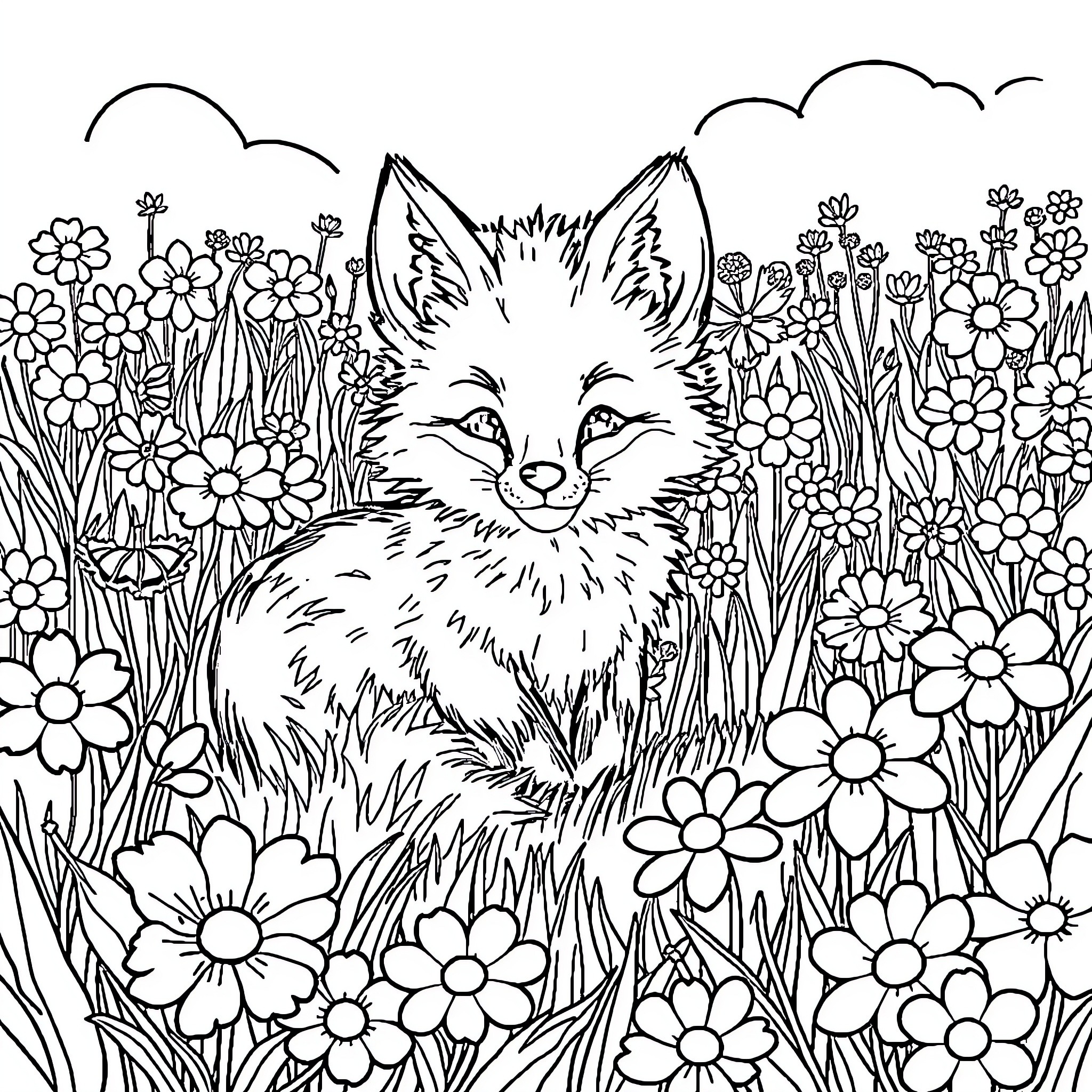 Fox peeking out from a floral meadow Coloring Page (free black-and-white line drawing printable PDF for all, from beginners to advanced learners, including children, teens, adults, and seniors)