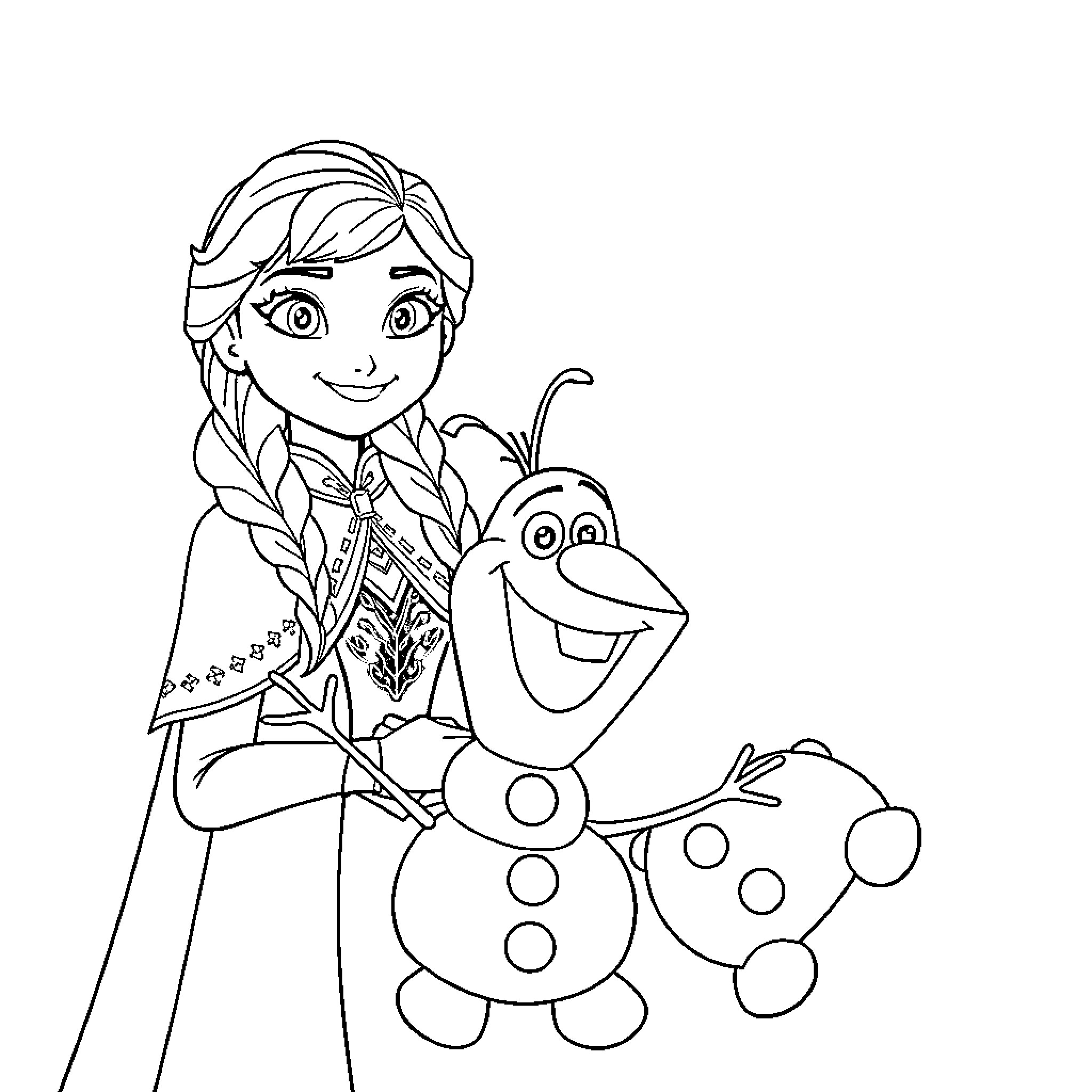 Anna and Olaf enjoying a winter adventure Coloring Page (free black-and-white line drawing printable PDF for all, from beginners to advanced learners, including children, teens, adults, and seniors)