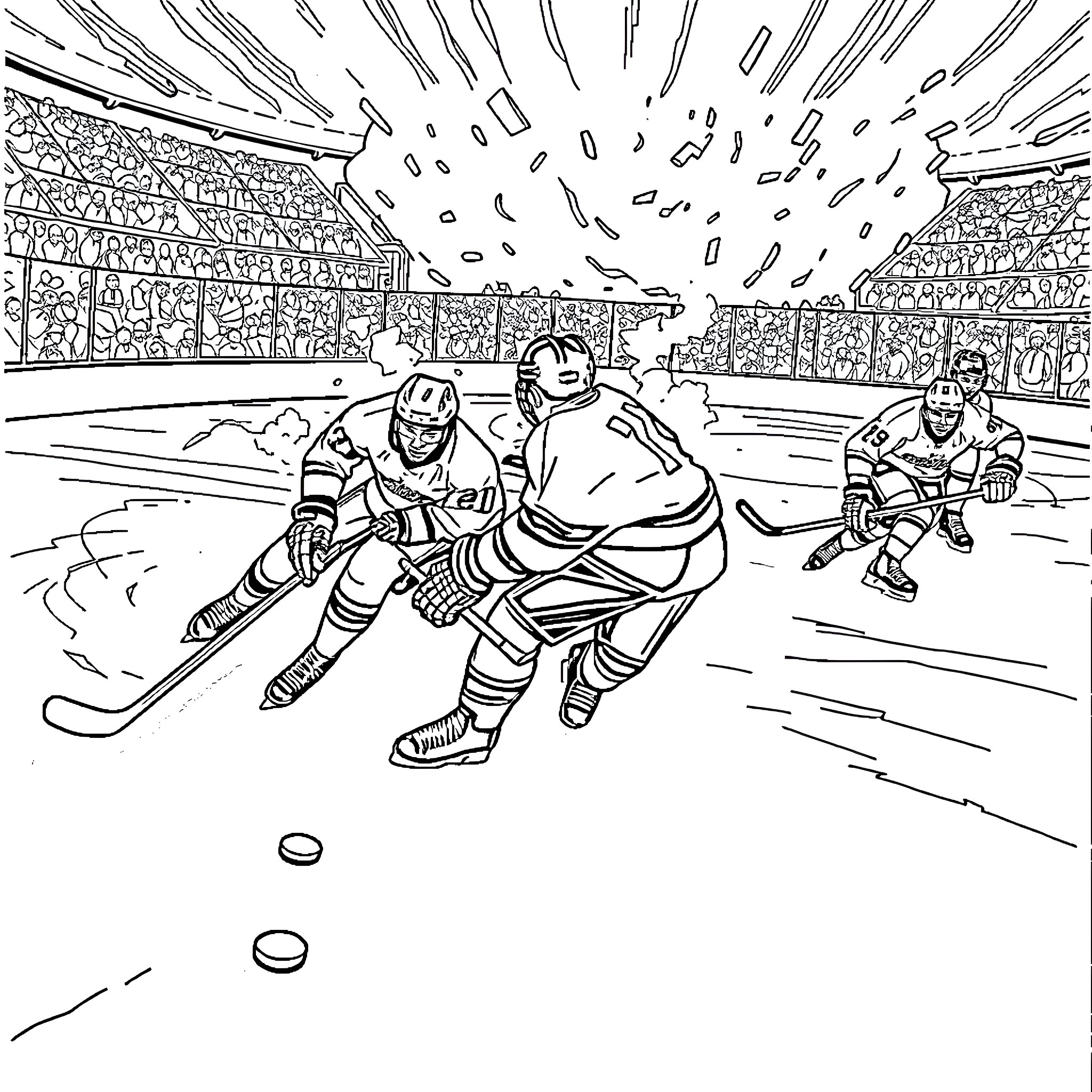Ice Hockey Players in Heated Competition on the Rink Coloring Page (free black-and-white line drawing printable PDF for all, from beginners to advanced learners, including children, teens, adults, and seniors)