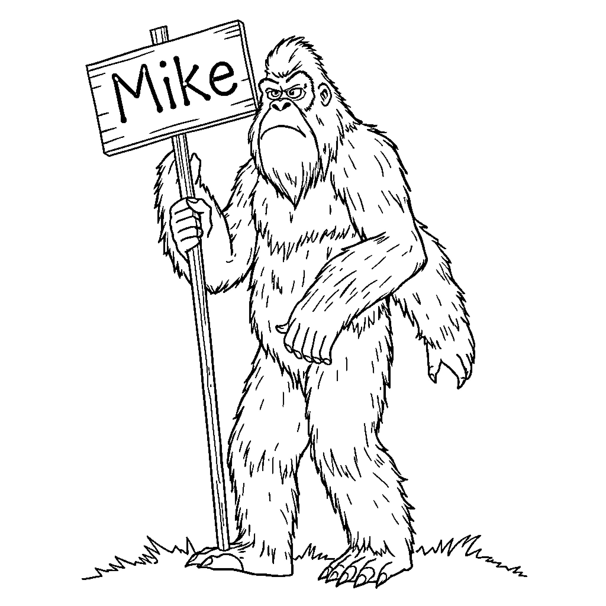 Bigfoot holding sign with name 'Mike' Coloring Page (free black-and-white line drawing printable PDF for all, from beginners to advanced learners, including children, teens, adults, and seniors)