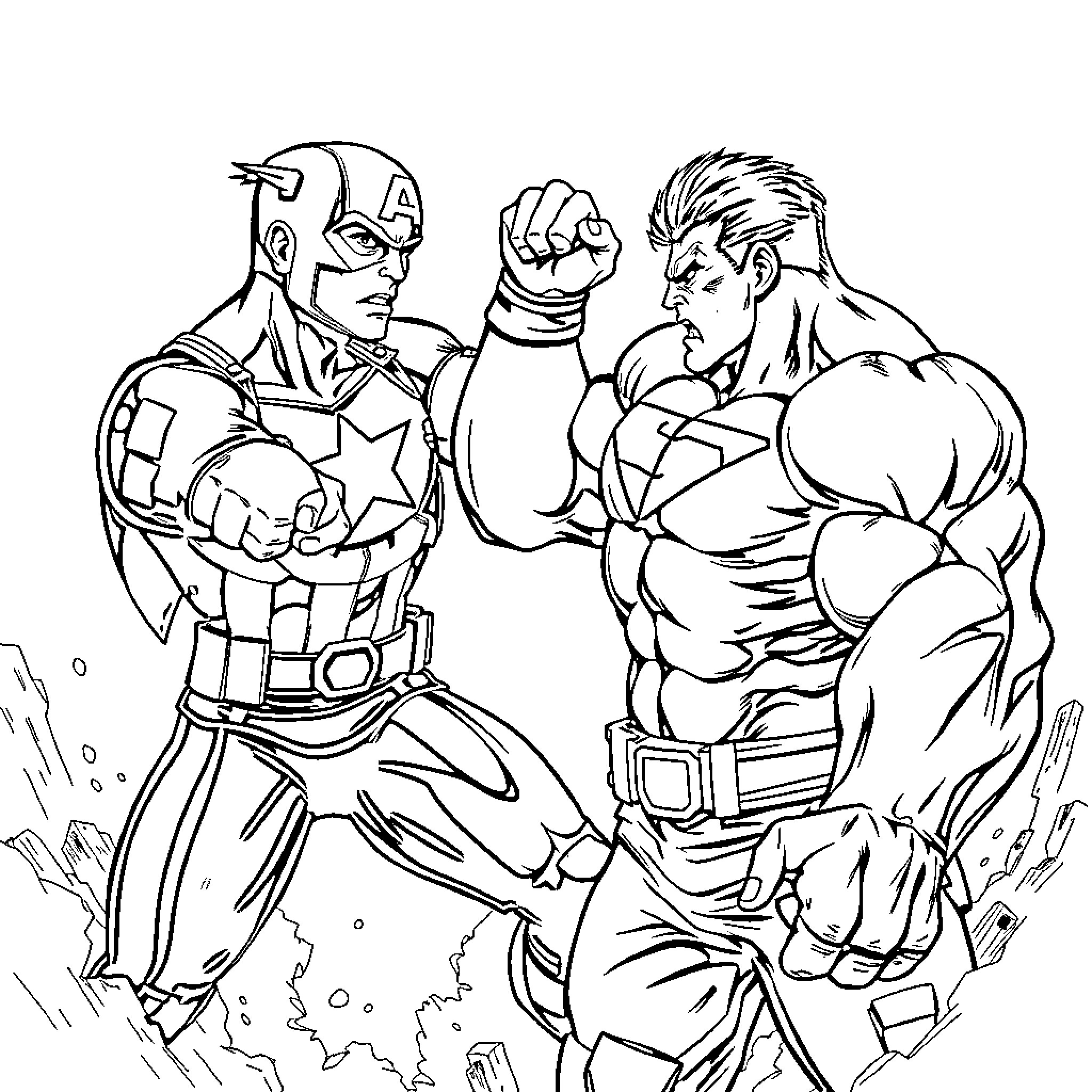 Captain America and Hulk in epic battle stance Coloring Page (free black-and-white line drawing printable PDF for all, from beginners to advanced learners, including children, teens, adults, and seniors)