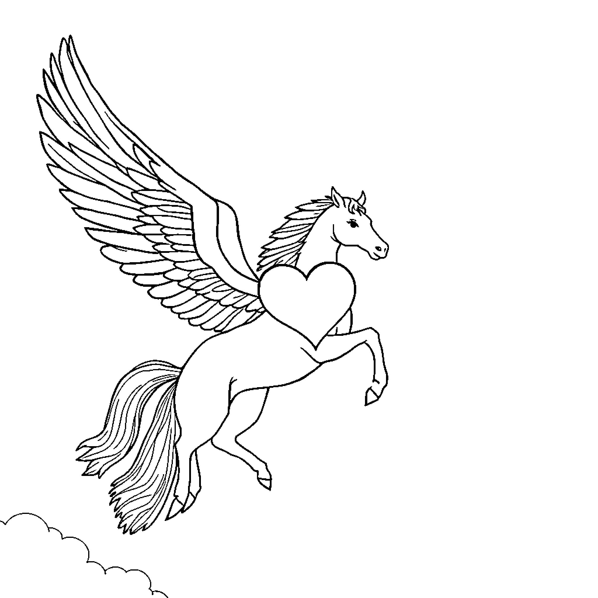 Heart-shaped Winged Pegasus in Flight Coloring Page (free black-and-white line drawing printable PDF for all, from beginners to advanced learners, including children, teens, adults, and seniors)