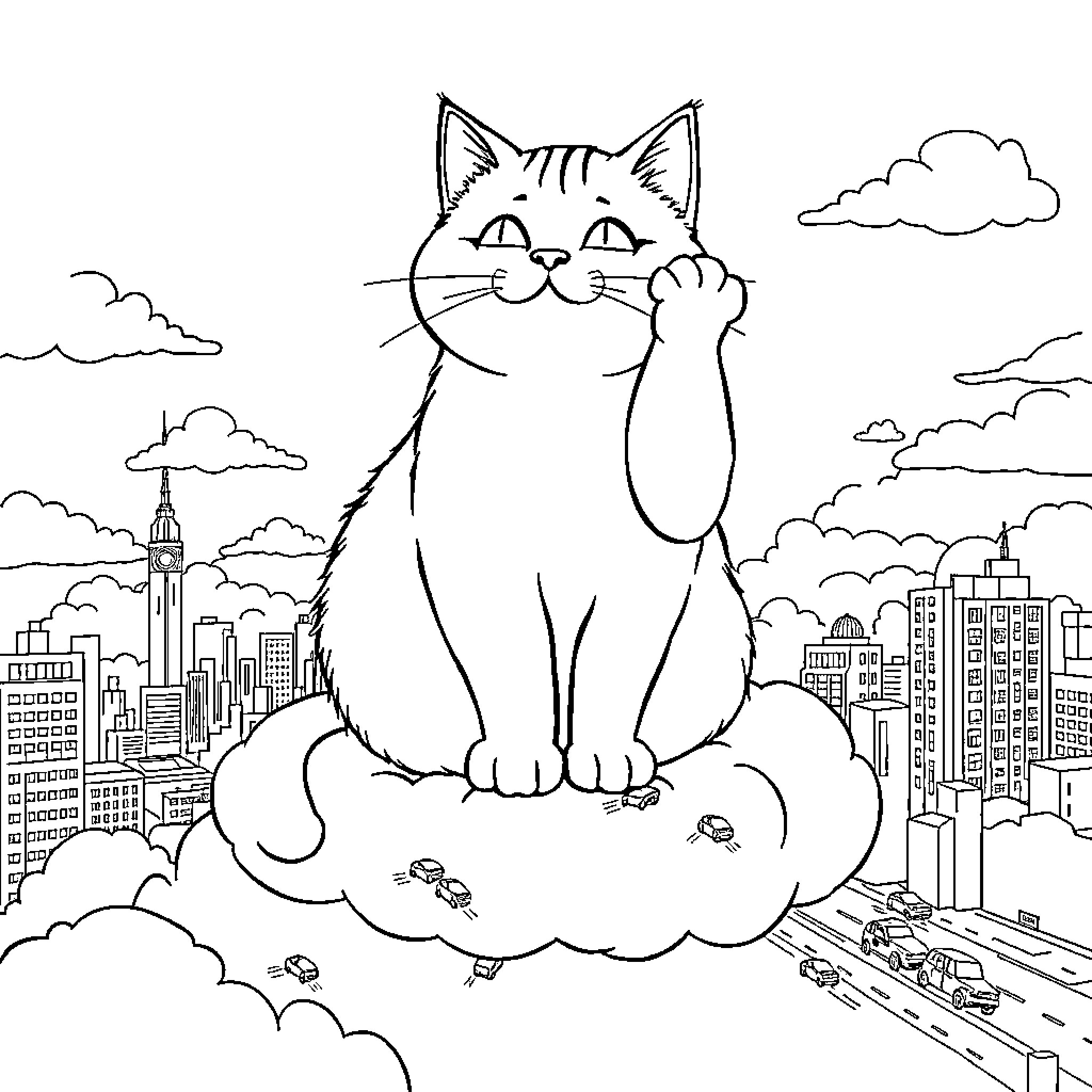 Cat Sitting Atop Clouds Above the City Coloring Page (free black-and-white line drawing printable PDF for all, from beginners to advanced learners, including children, teens, adults, and seniors)