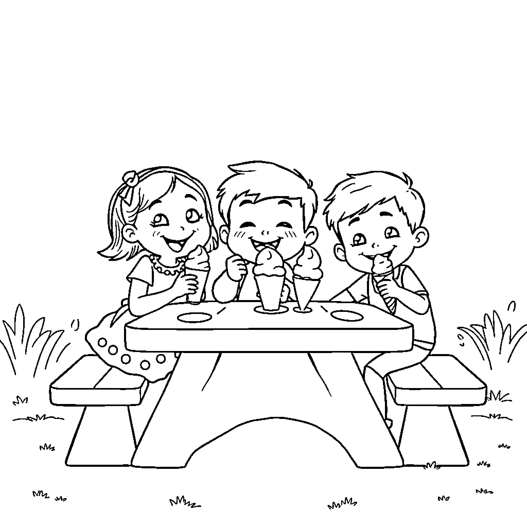 Blippi and Friends Enjoying a Picnic Outdoors Coloring Page (free black-and-white line drawing printable PDF for all, from beginners to advanced learners, including children, teens, adults, and seniors)