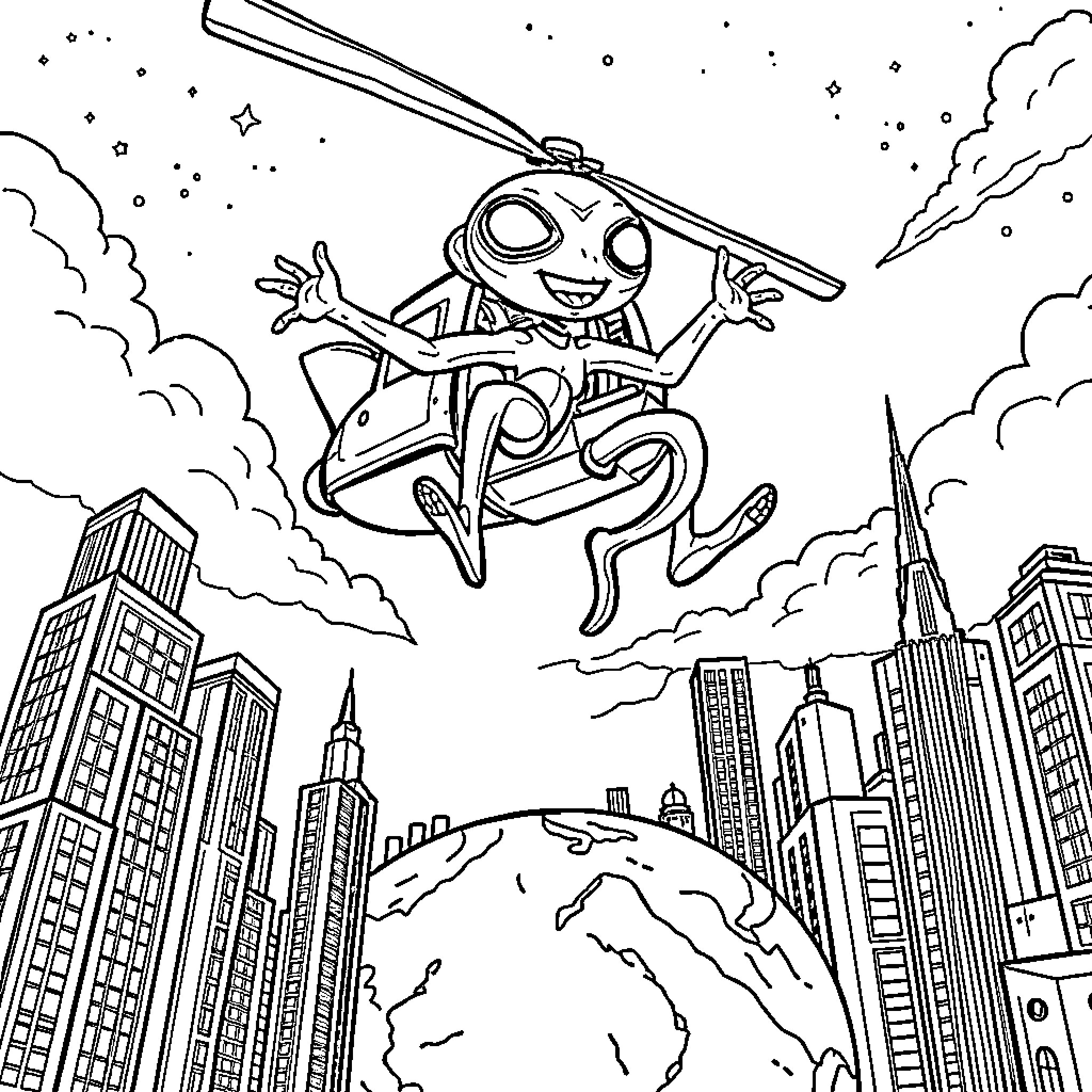 Alien flying over the city in a spacecraft Coloring Page (free black-and-white line drawing printable PDF for all, from beginners to advanced learners, including children, teens, adults, and seniors)