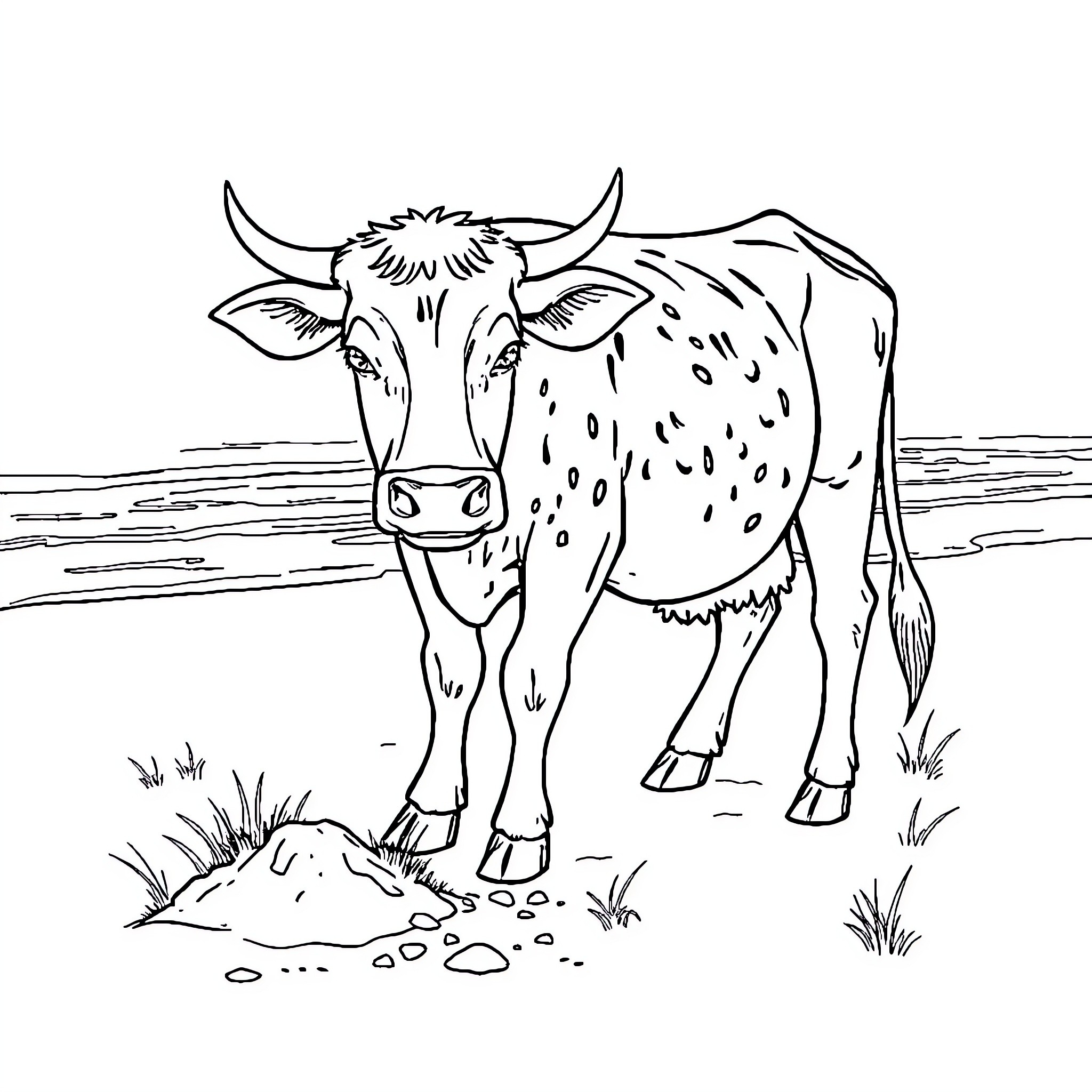 Cow standing in a field Coloring Page (free black-and-white line drawing printable PDF for all, from beginners to advanced learners, including children, teens, adults, and seniors)