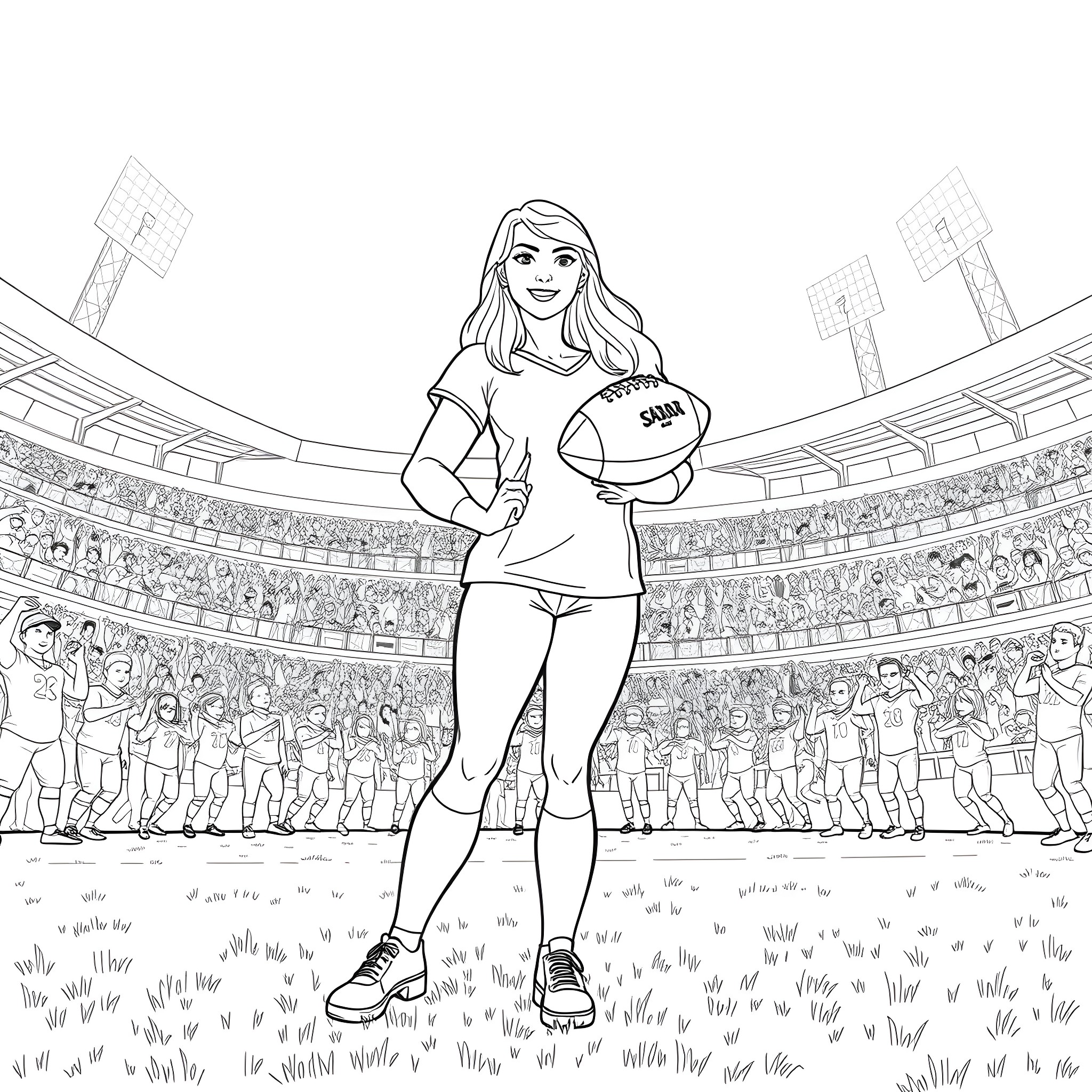 Sara Jay Playing Football in the Stadium Coloring Page (free black-and-white line drawing printable PDF for all, from beginners to advanced learners, including children, teens, adults, and seniors)