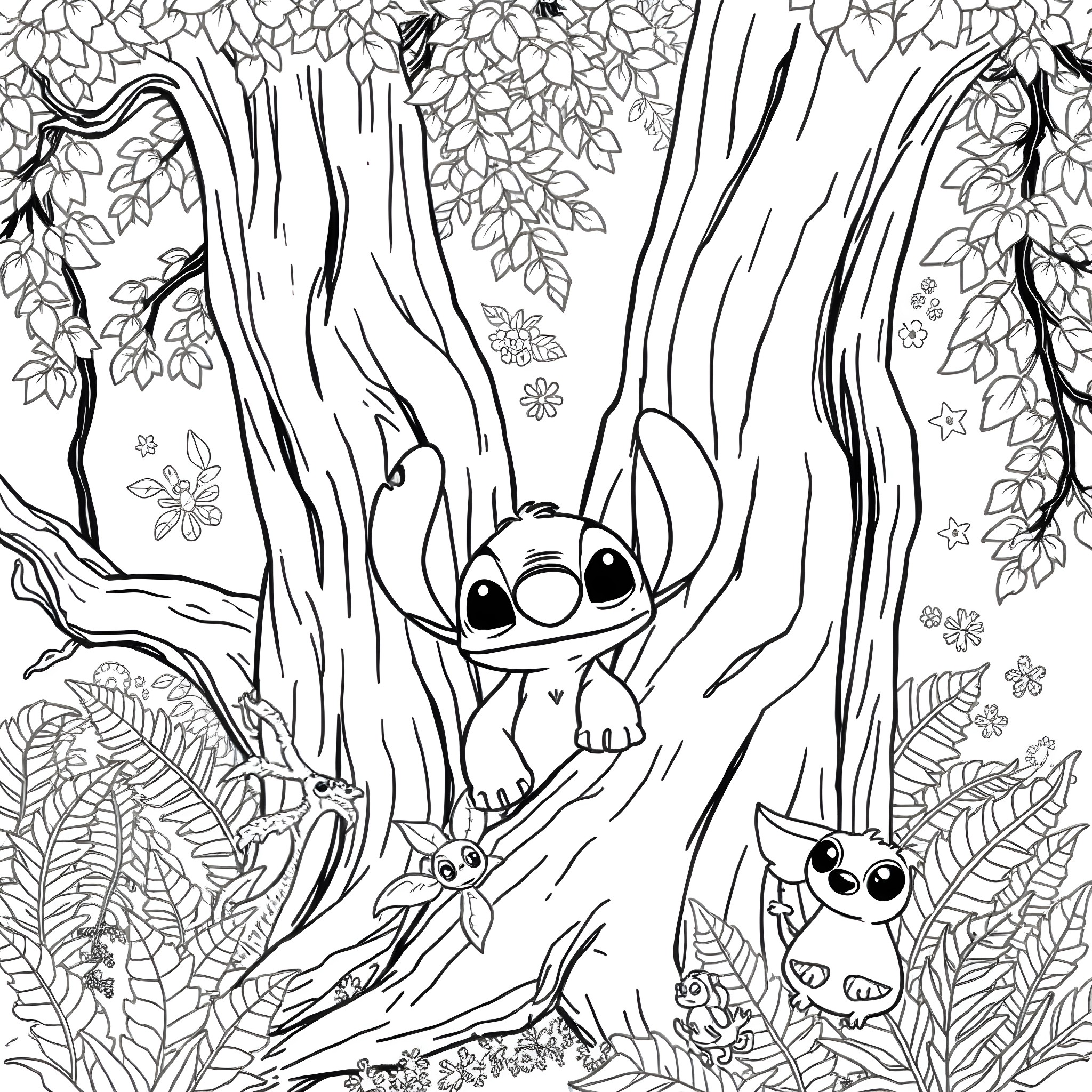 Stitch's Enchanted Forest Adventure Coloring Page (free black-and-white line drawing printable PDF for all, from beginners to advanced learners, including children, teens, adults, and seniors)