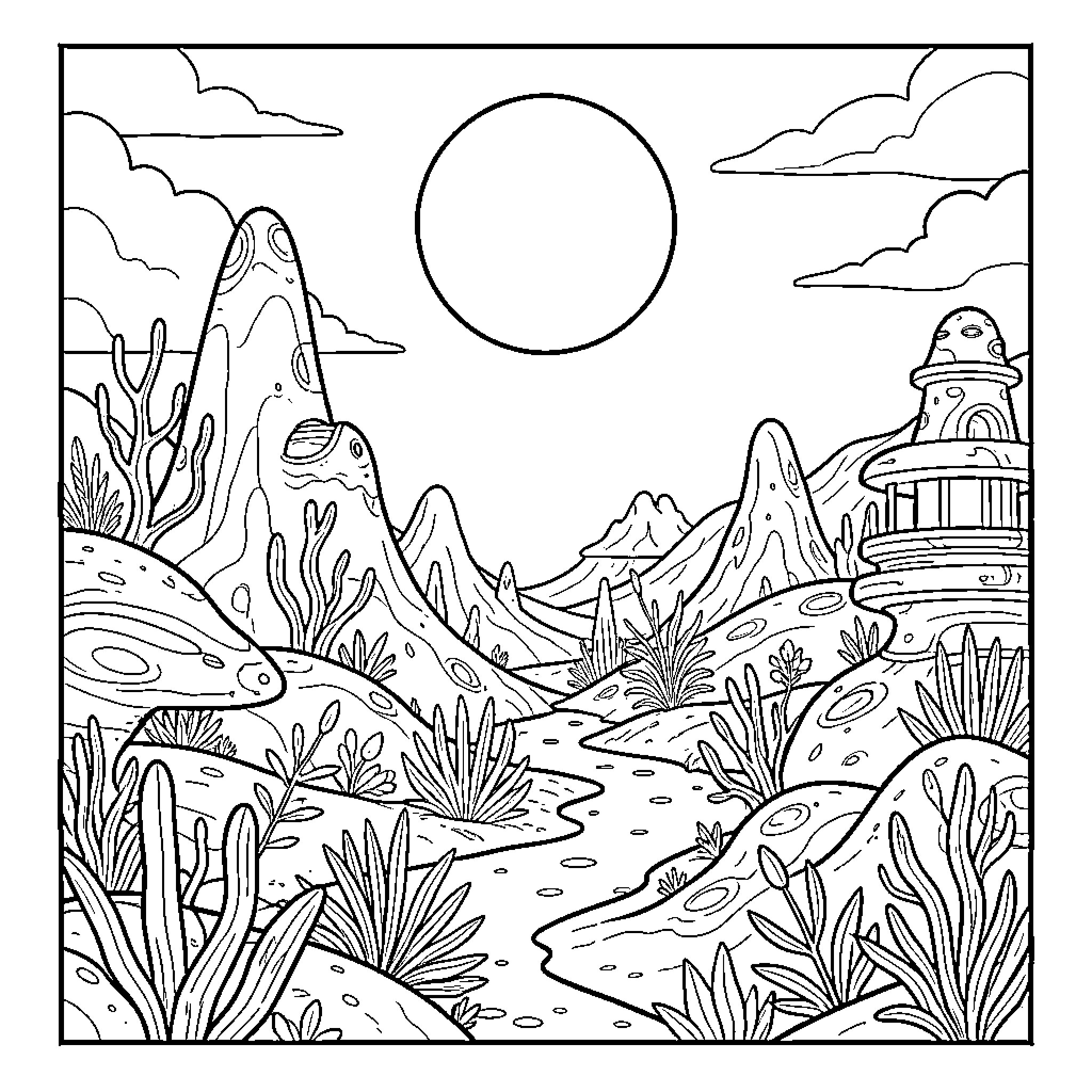 Alien landscape with strange plants and a celestial sun Coloring Page (free black-and-white line drawing printable PDF for all, from beginners to advanced learners, including children, teens, adults, and seniors)
