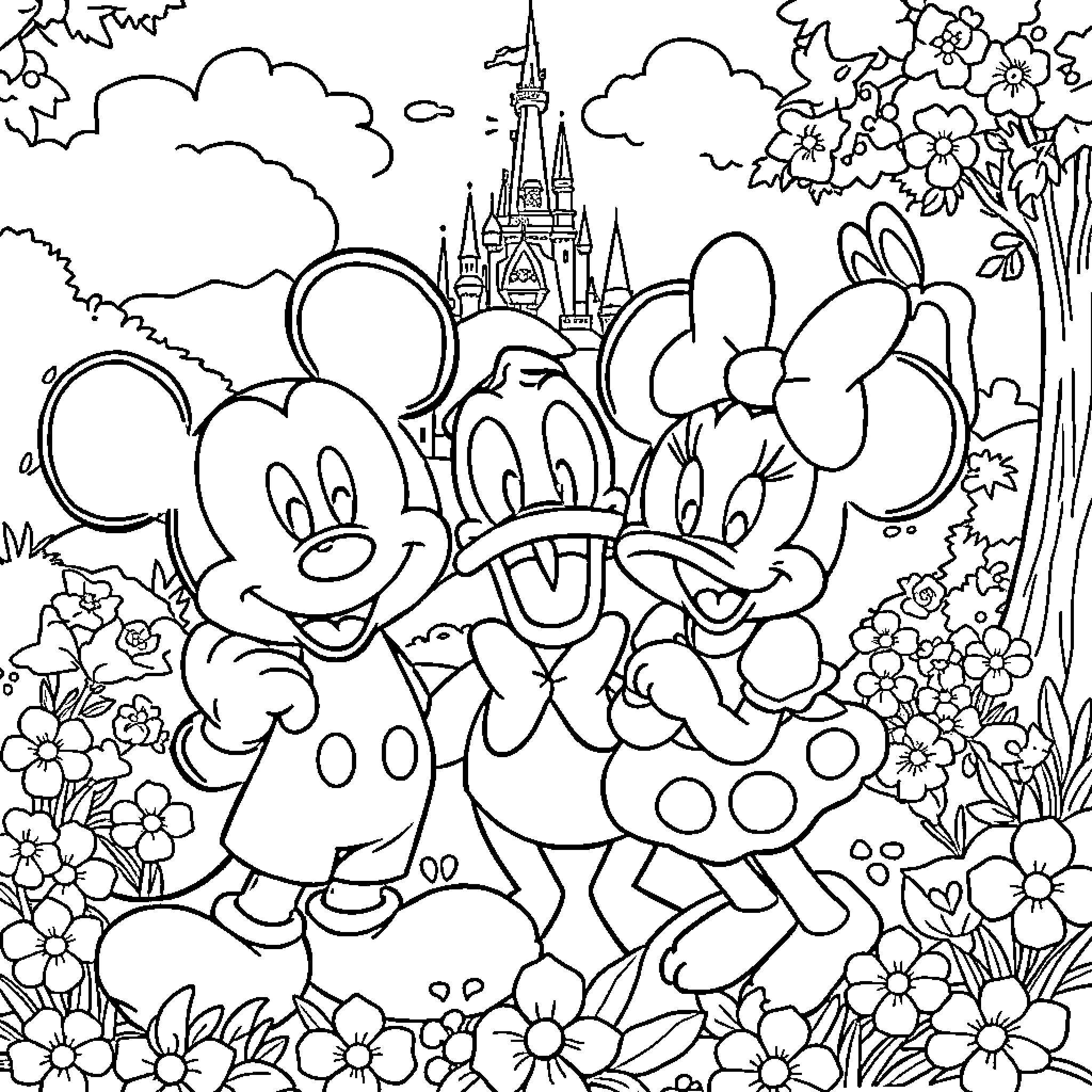 Disney Characters Enjoying a Spring Day at the Castle Coloring Page (free black-and-white line drawing printable PDF for all, from beginners to advanced learners, including children, teens, adults, and seniors)