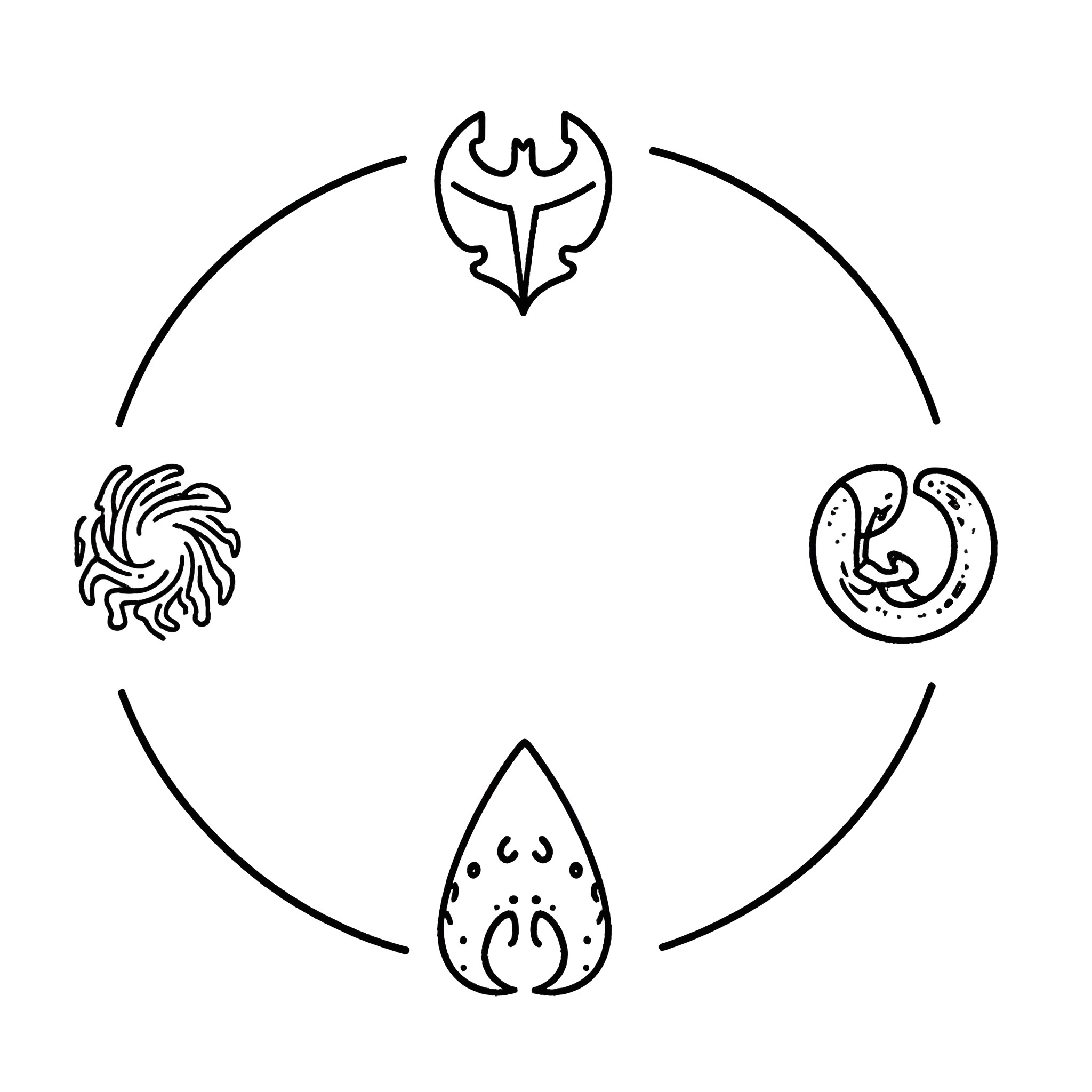 Sigil of the four elemental symbols Coloring Page (free black-and-white line drawing printable PDF for all, from beginners to advanced learners, including children, teens, adults, and seniors)